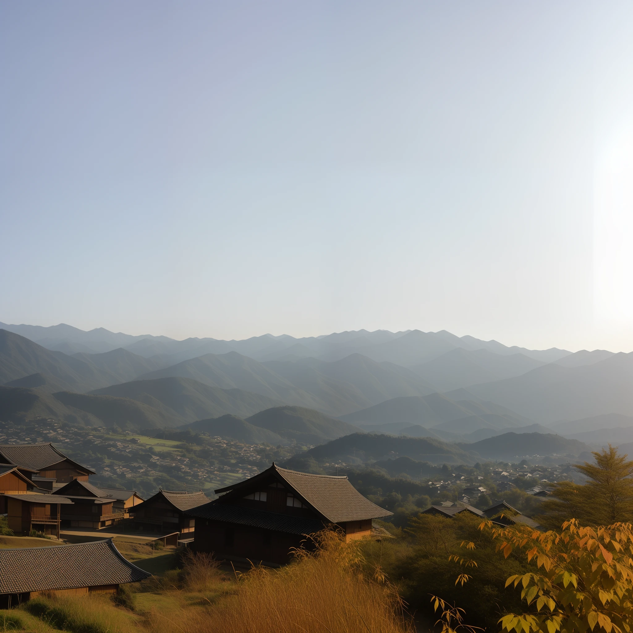 Mountains in the distance，In the foreground are several houses and trees, japense village in background, with mountains in the distance, 8 k''. filling most of the view, view of villages, old village in the distance, mountain in background, visto ao longe, countryside in japan, large mountains in back, village in the background, mountains surrounding