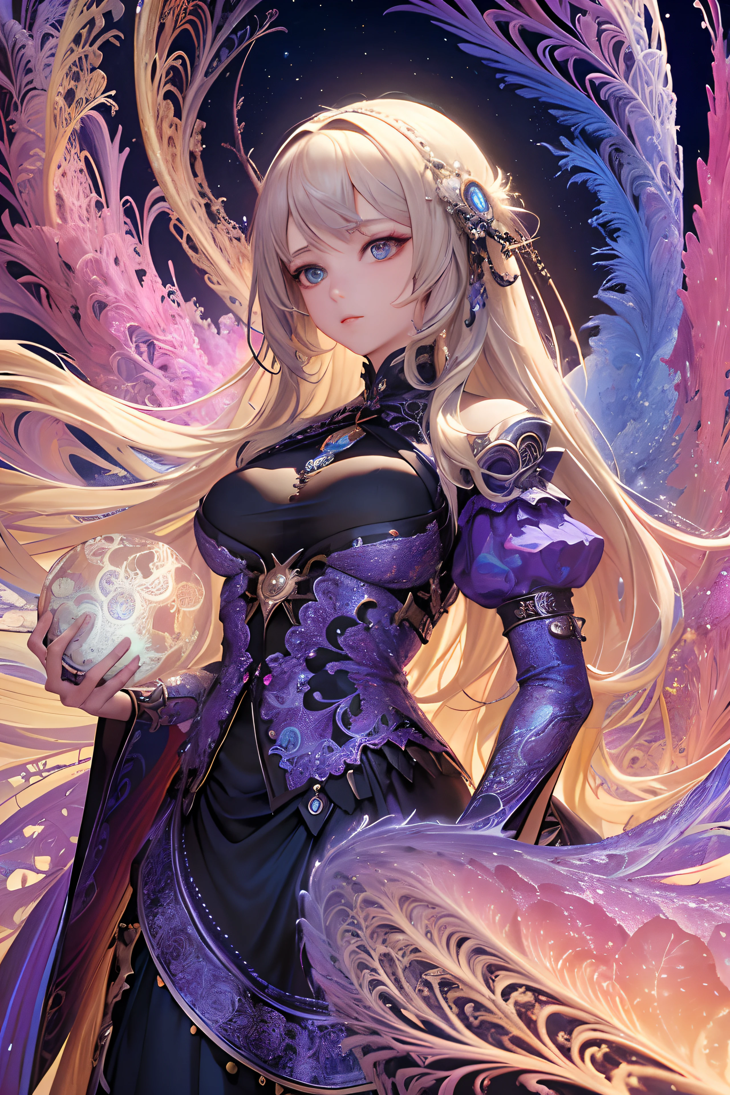 A woman with long hair and a flowing dress stands in the darkness, Blonde girl in cosmic dress, Amazing young ethereal figure, cosmic goddess, Astral appearance, galaxy goddess, Space Girl, Astral Fairy, Divine cosmic feminine power, Cosmic hair anime girl, goddess of space and time, Channeling rotational energy, A glowing halo surrounds her,Light,cleanness,Reflective,refractions,Ray traching,super-fine,Hyper-realistic,best qualtiy