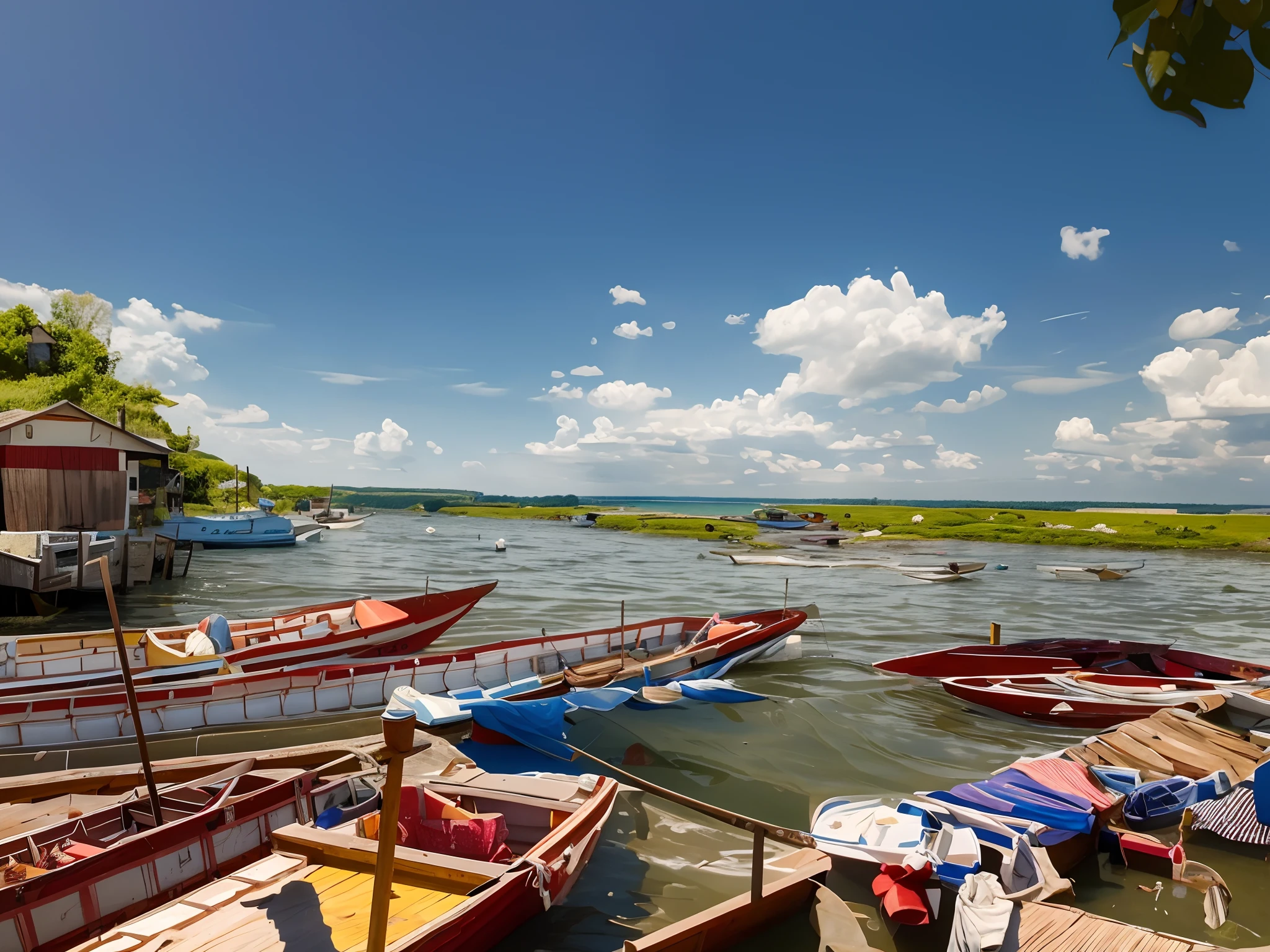 boats are docked on the shore of a lake with a house in the background, wide angle river, vibrant scene, fishing village, with water and boats, on a bright day, beautiful sunny day, vibrant vivid colors, wide long view, fishing boats, wide river and lake, version 3, beautiful day, beautiful tranquil day, panorama, 3 boat in river