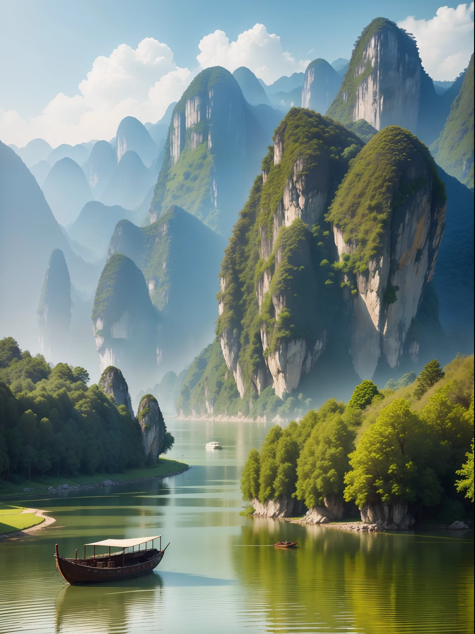 in the early morning,large grassland,The tree,mont,Landscape scenery of Guilin,Li River,Clear,small boats,beautiful natural places,k hd