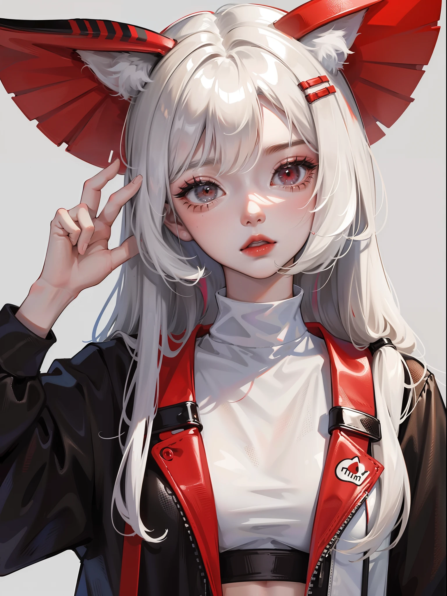 Close-up, girl, red, white, black, streetwear clothes, cat ears