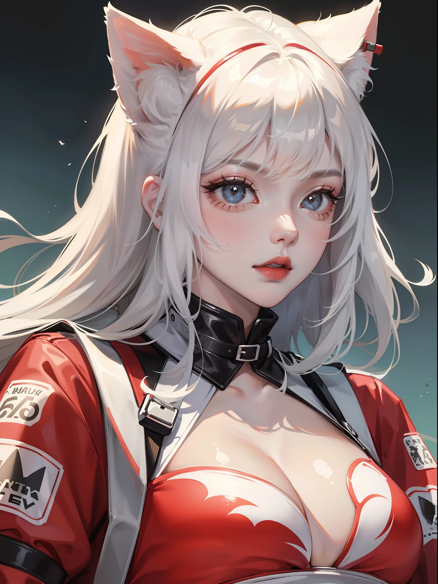 Close-up, girl, red, white, black, streetwear clothes, cat ears