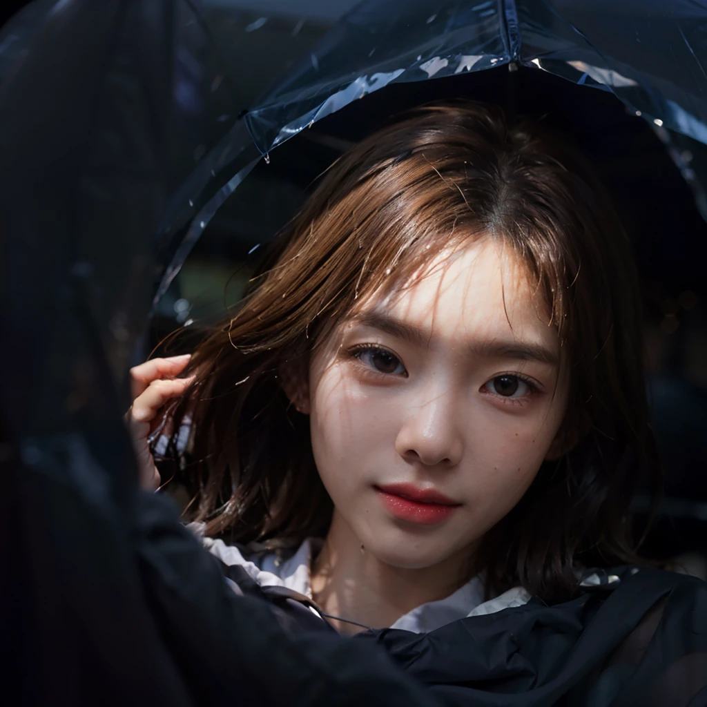 Film photography, Masterpiece, 1girll, Morning, rain, Wet, Cityscape, Wet white miniskirt, ((Transparent raincoat)), Slender body, Perfect figure, Seductive smile, Medium breast, full bodyesbian, drunk blush:1.5, Wavy shoulder-length hair, serene, calm, (Realistic detailed eyes, Natural skin texture, Realistic face details), Soft dramatic lighting, Depth of field, Bokeh, vibrant detail, finely detailed, Hyperrealistic