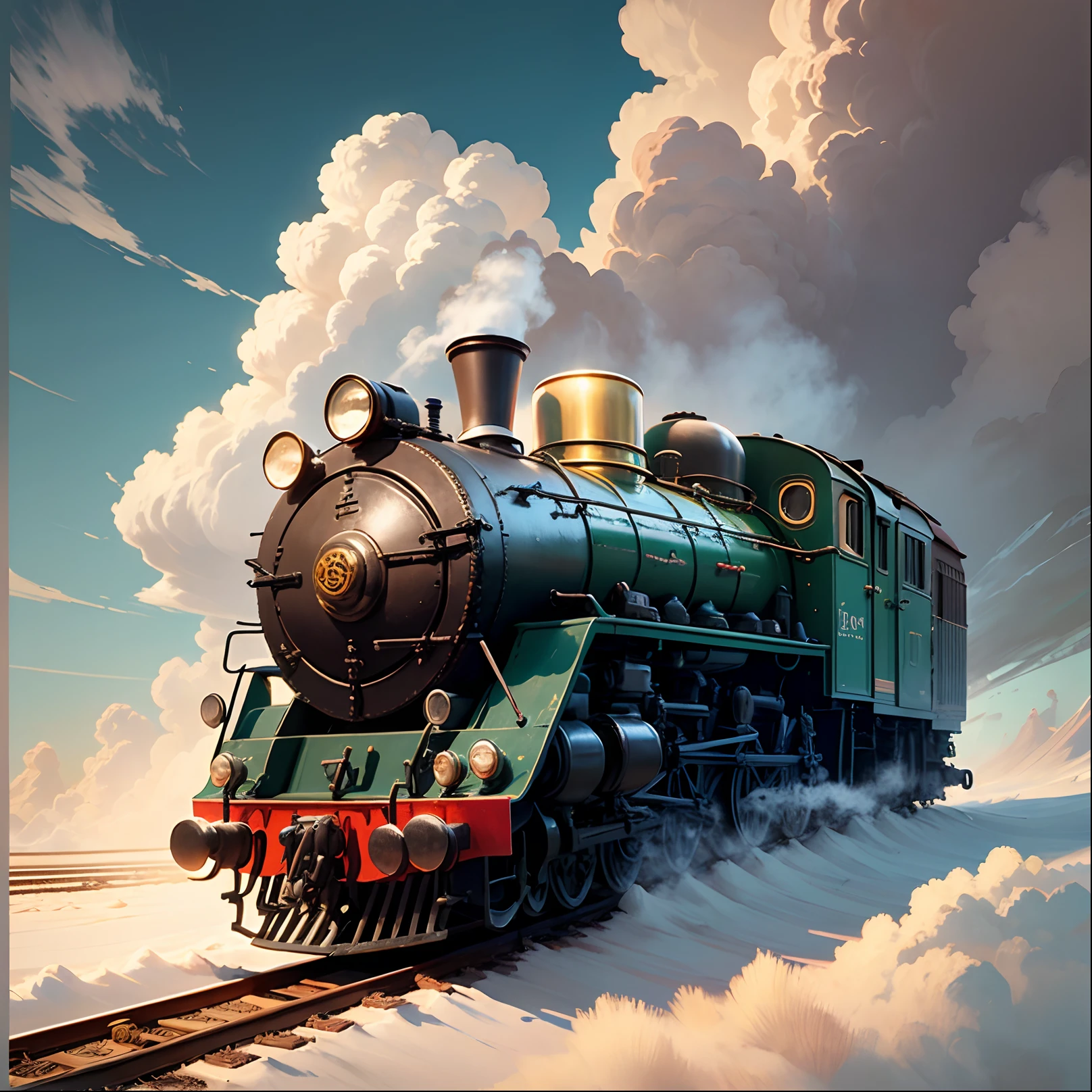 A toy locomotive flies through thick clouds. Astride the locomotive sits a blue huge joyful teddy bear and laughs. Hyper realistic image. Fairytale fantasy background top down view --auto --s2