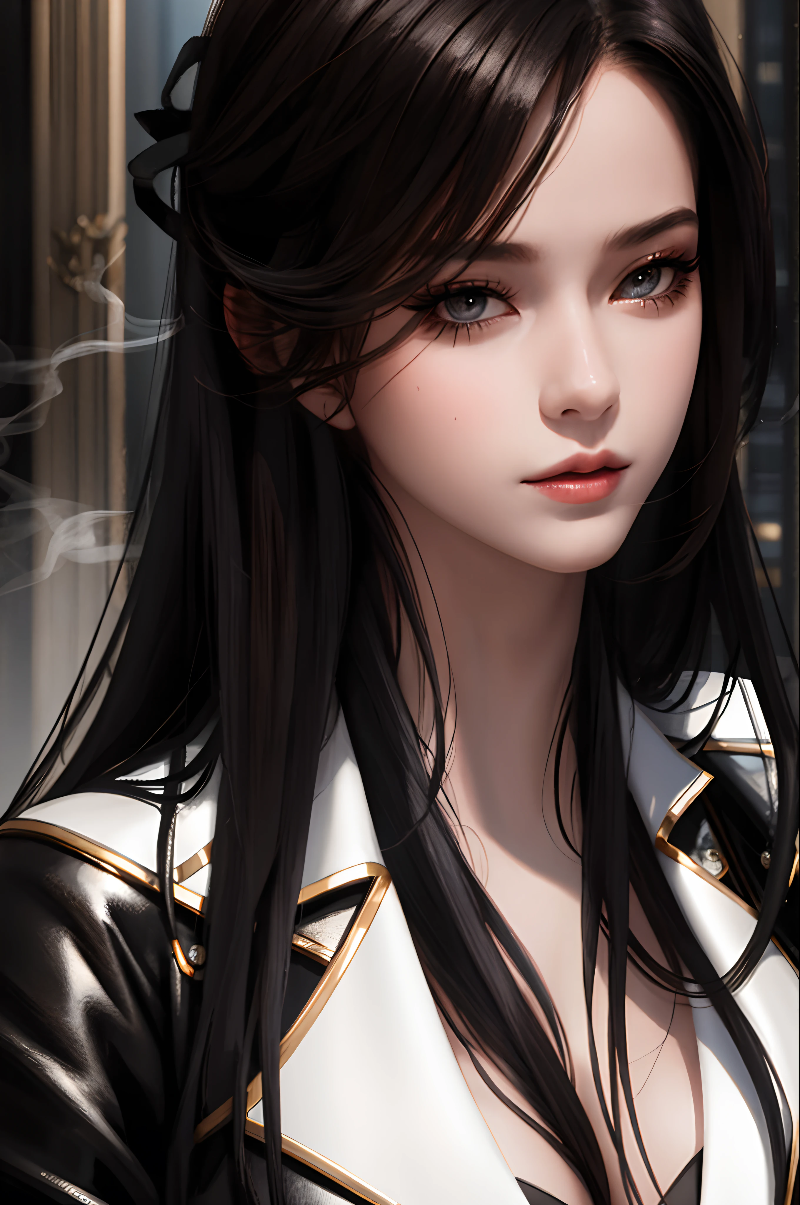 masterpiece, best quality, high quality, High definition, High quality texture, High quality shadow, high detail, realistic, Cinematic Light, sidelighting, Lens Flare, Ray tracing, sharp focus, 1 girl , elegant hair , black hair , smoke jacket, (closeup:1.4) , selfie ,