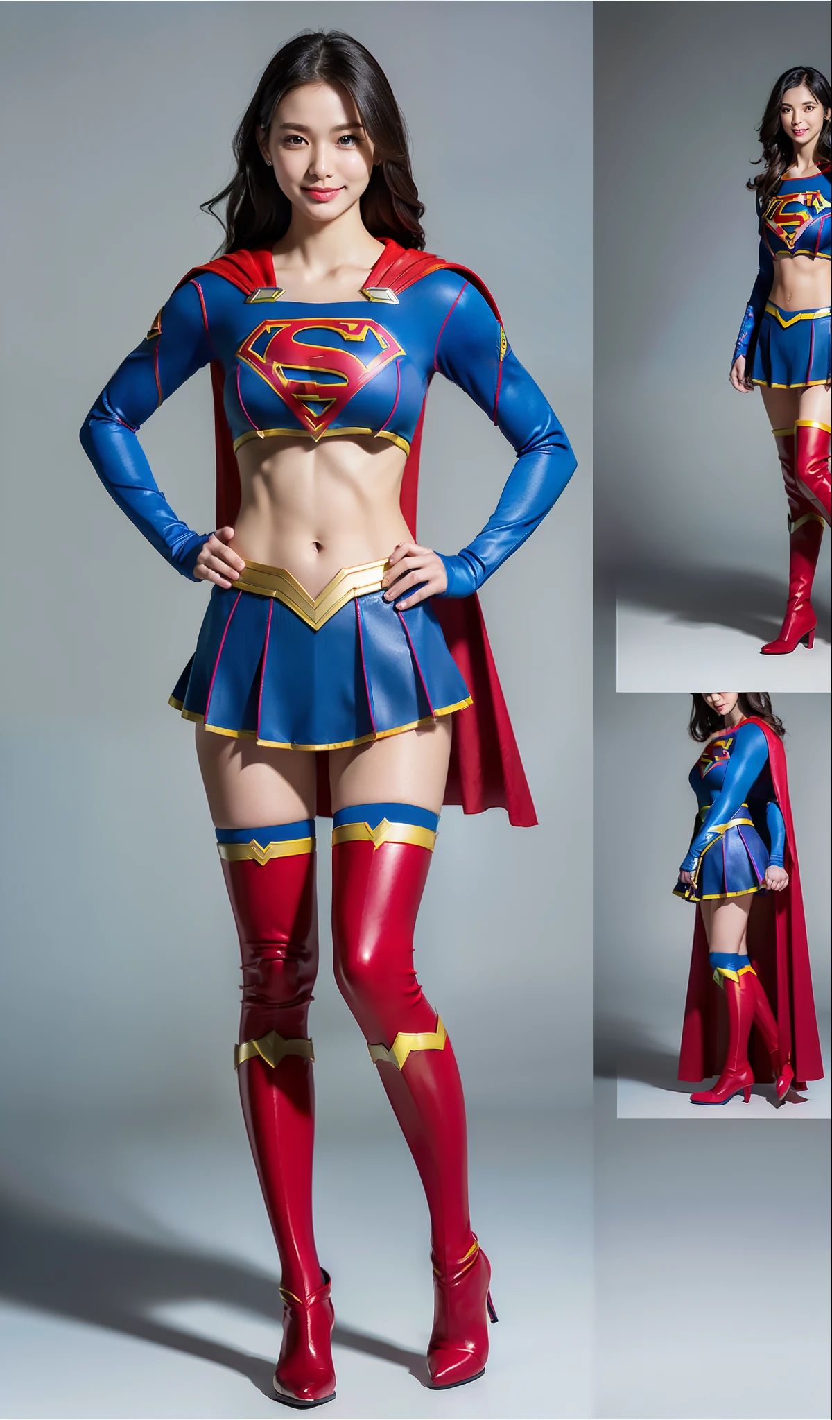 Be sure to wear black tights、(((Make the most of the original image)))、(((Supergirl Costume)))、(((shiny short hair)))、(((Suffering)))、(((Feet must necessarily be worn with black tights)))、(((Smile)))、(((You need to wear red boots)))、((Top image quality、8K))、((top-quality、8K、​masterpiece:1.3))、(((Keep your background simple)))、Crisp focus:1.2、Beautiful woman with perfect body shape:1.4、Slender Abs:1.2、((layers-Cut、large boob:1.2))、a wet body:1.5、Highly detailed facial and skin texture、