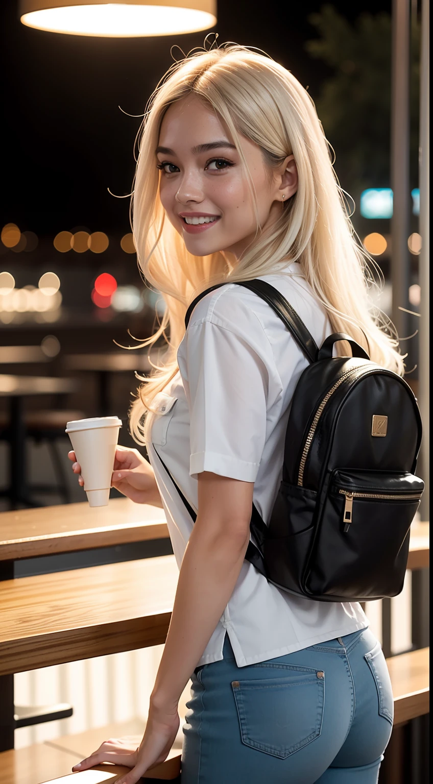 Malay girl very long white shiny hair, wear small floral pastel color shirt and jeans, laughing and chatting in cafe, wear backpack, front view, very long wavy white hair, messy hair, hair blown, windy, detail skin, age spot, detail skin texture, mole below eyes, small breast, flat chest, wide hips, small waists, thick thighs, slim abs, beautiful body, nighttime, laughing, happy, bright lighting, college student in background, crowded cafe, blur background, bokeh, camel toe,