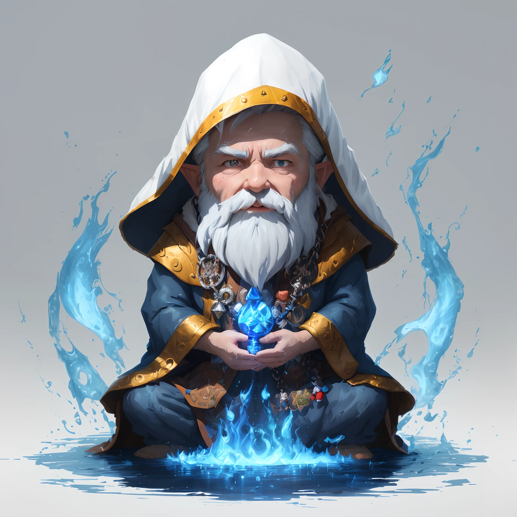 Close-up of cartoon character with white beard and white beard, Gnome Illusionist, Evil Alchemist Gnomes, Gnomed Druids, Alchemist Gnome, an arcane wizard casting a spell, concept art of a monk, Wizard casting spells, Little Evil Alchemist Gnome, portrait of a gnome called eldon, sorcerer, portrait of a young elf wizard