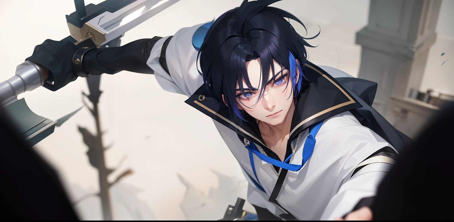 Black and blue hair,Lilac eyes,Gender male,The king glorifies the hero