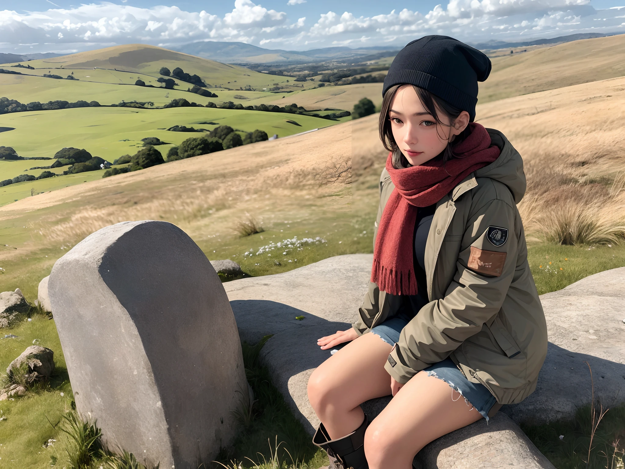 absurdres, highres, ultra detailed, beautiful, masterpiece, best quality, (1girl:1.2), 
BREAK
Windswept moors, wild heather, ancient stone circles, rolling hills, dramatic skies, literary inspiration,
BREAK
Waterproof boots, warm layers, windproof jacket, hat, gloves, scarf,