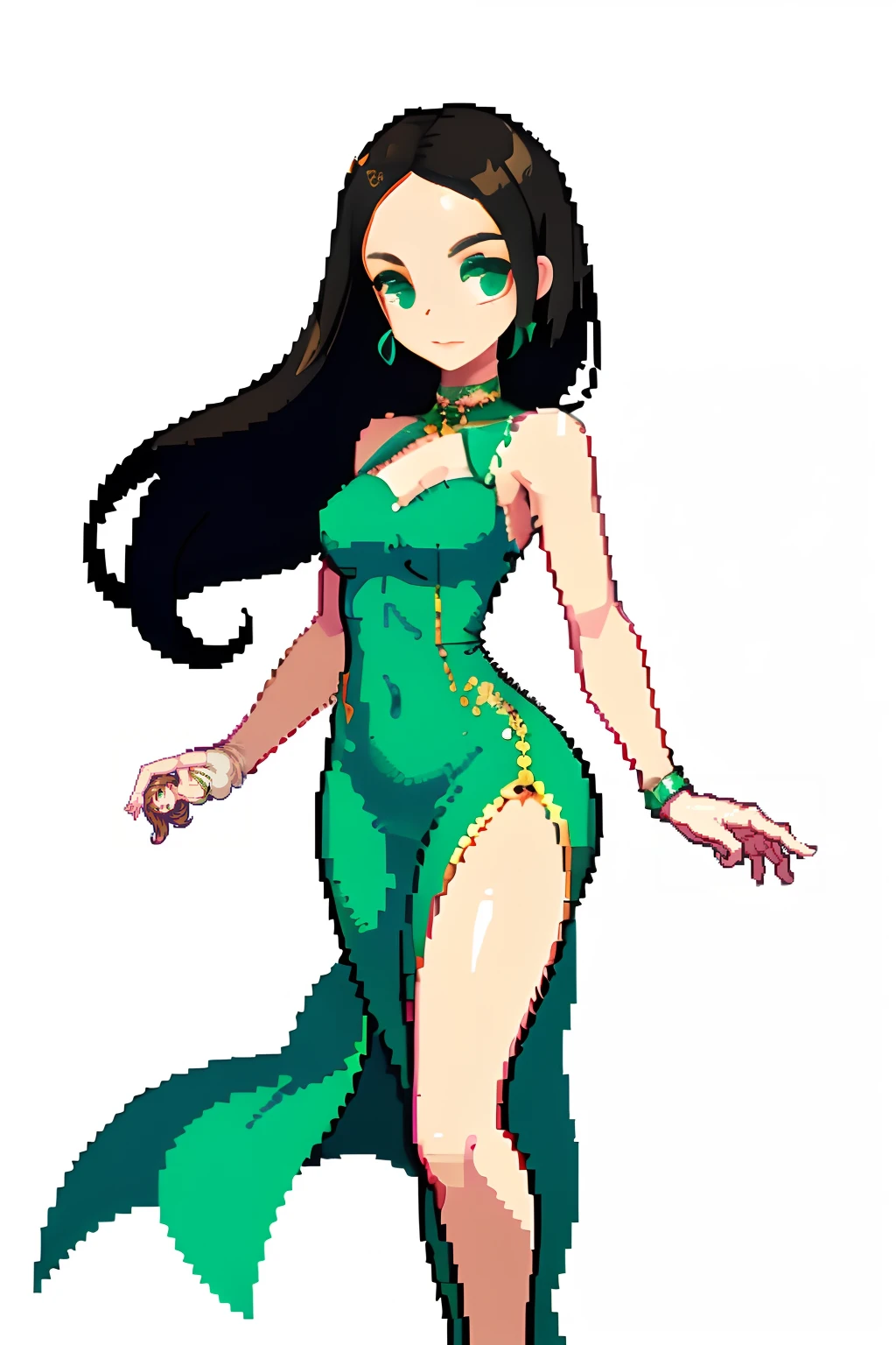 (Masterpiece, Best quality, Best quality), pix, Pixel art, One girl, full bodyesbian, brunette color hair,Green eyes,Green eyes,Forehead exposed,cabelos preto e longos,flatchest,Cocked buttocks,thick leg,Delicate slip dress,white backgrounid