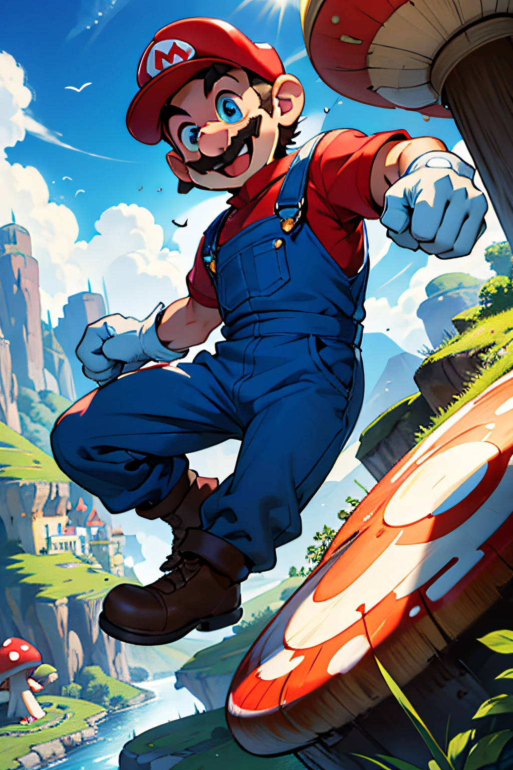 (masterpiece), (bestquality) supermario, blue overalls, red shirt, red cap, smiling, 1boy, short man, little man, short legs, short arms, cartoon looking, jumping, dynamic pose, dynamic expression, smile, (fist up:1.1), big hands, big foot, (white gloves:1.1), mushroom kingdom in the background, giant mushrooms in the background, detailled background, castle with pink roofs on a mountain in the background, cartoon style, defined eyes, blue eyes, white teeth