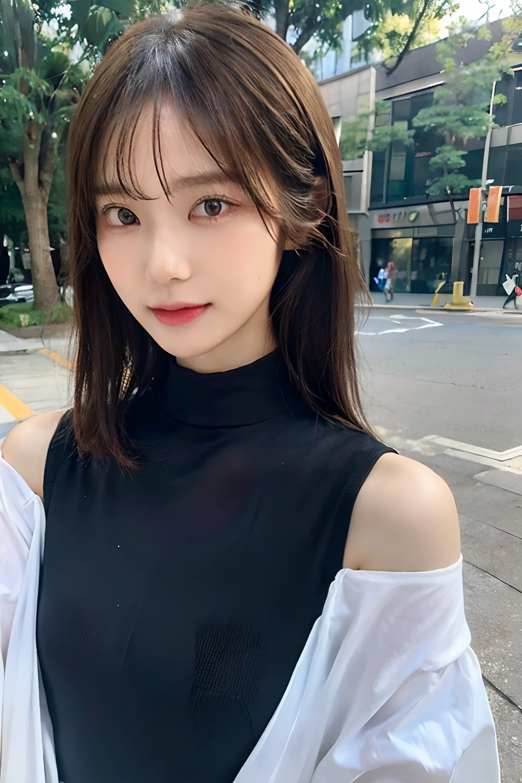 (RAW photo:1.2), (photorealistic:1.4),(masterpiece:1.3),(best quality:1.4), dreamlike, (detailed eyes),(detailed facial features), (detailed clothes features), skin tight, (shiny skin),(slender girl),(slim girl), 1girl, VeronicaCipher ,solo, cute, smlie, bangs, short brown hair, , black eyes,,, (small breast), ((fashion costume)), dynamic pose, (Kodak Film color) ((not see the camera)) ((white Studio) (studio light)