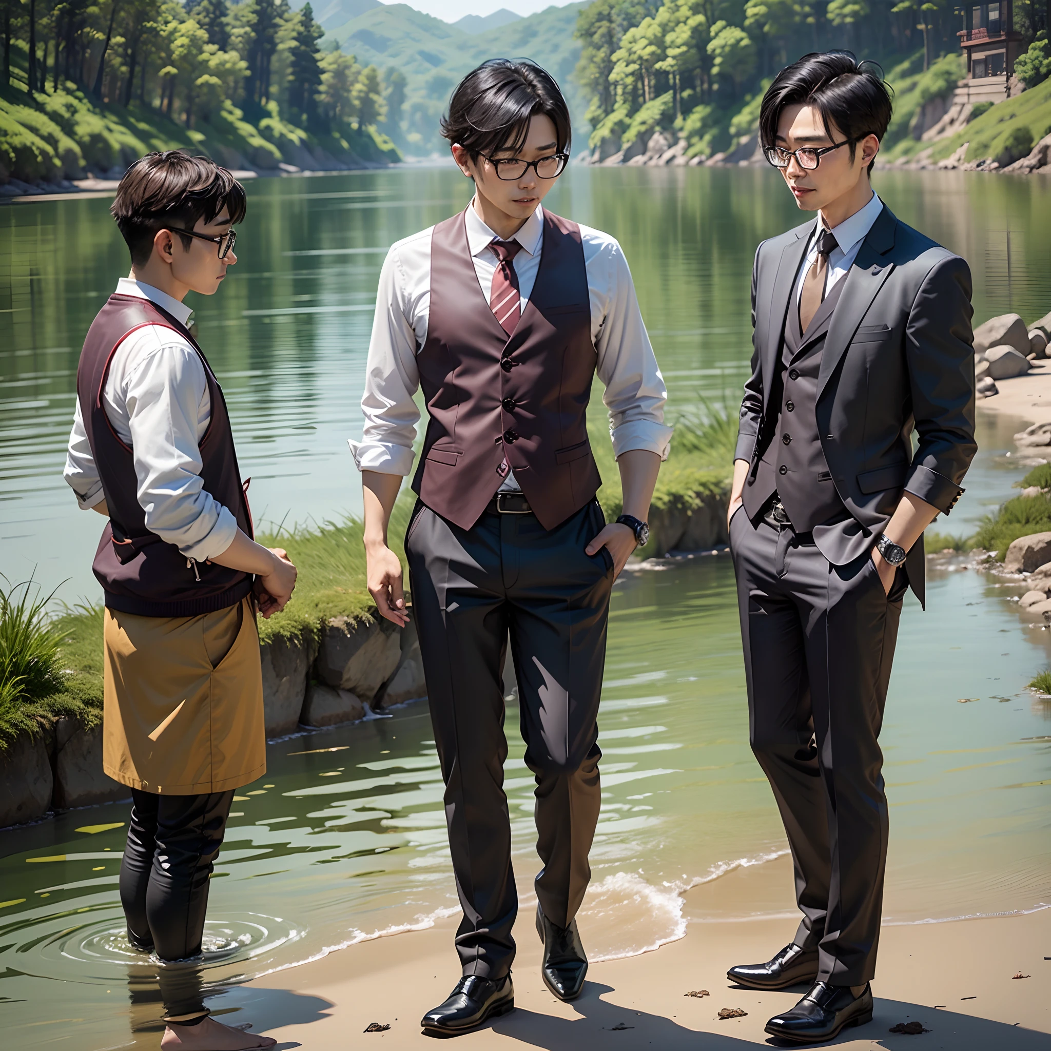 there is a man with glasses standing by the water, zeng fanzh, xintong chen, huifeng huang, liang xing, 38 years old, 4 0 years old man, xiang duan, 3 6 years old, qichao wang, wang liang, pengzhen zhang, yintion j - jiang geping, jinyiwei --auto --s2