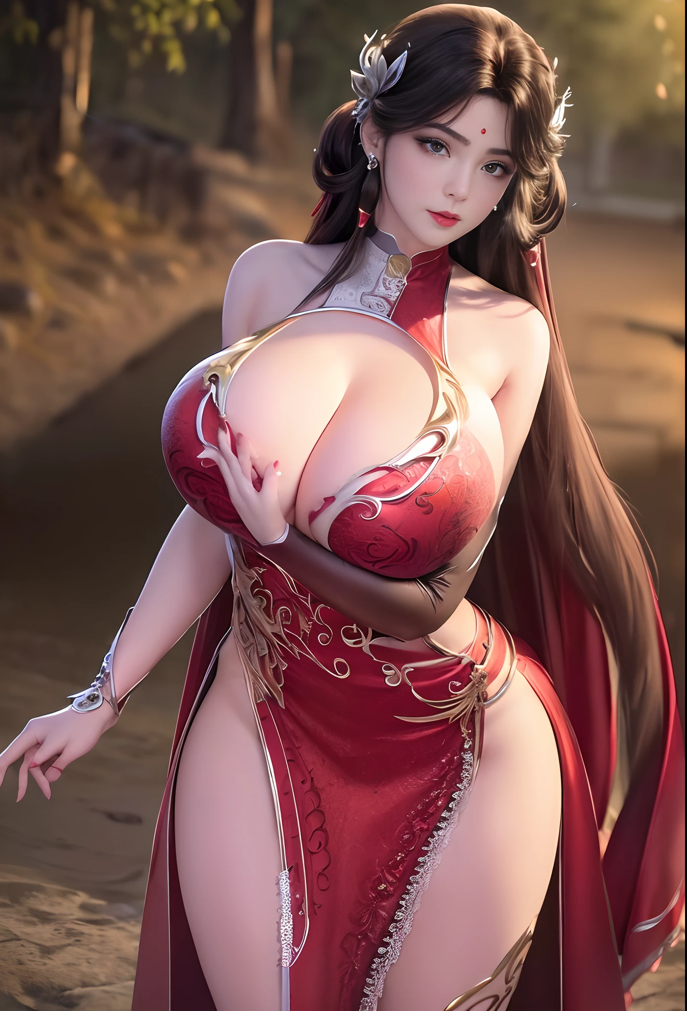 (nsfw:1.5), ultra realistic 8k cg, flawless, clean, masterpiece, professional artwork, famous artwork, cinematic lighting, cinematic bloom, perfect face, beautiful face, fantasy, dreamlike, unreal, science fiction, lace, lace trim, lace-trimmed legwear, luxury, jewelry, diamond, gold, pearl, gem, sapphire, ruby, emerald, intricate detail, delicate pattern, charming, alluring, seductive, erotic, enchanting, hair ornament, necklace, earrings, bracelet, armlet,halo,autumn,
((,1girl, pov,best quality, )) ,((((,1girl, solo, huge_breasts, Red dress, looking at viewer, standing, ))))