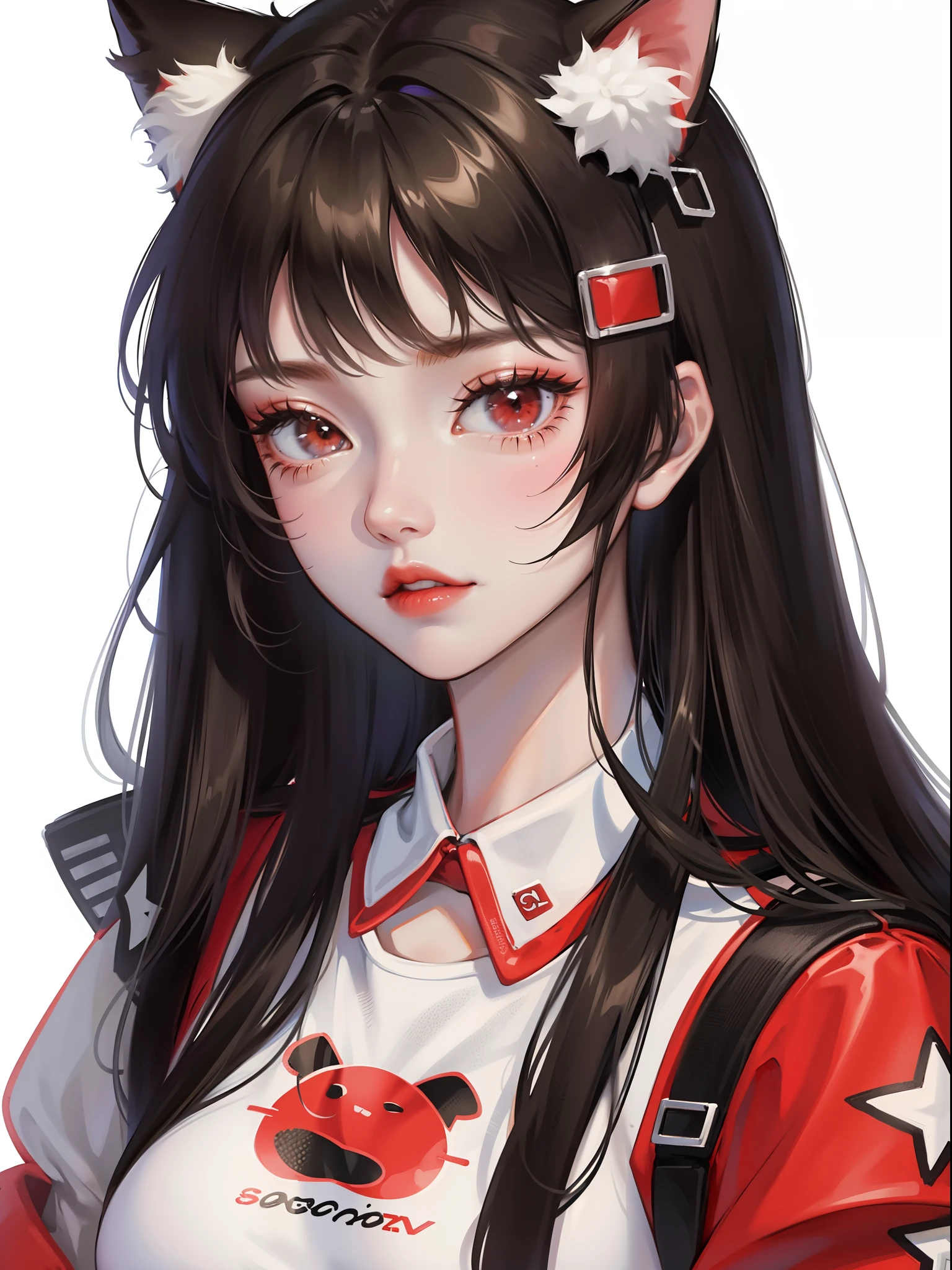 Close-up, girl, red, white, black, streetwear clothes, cat ears