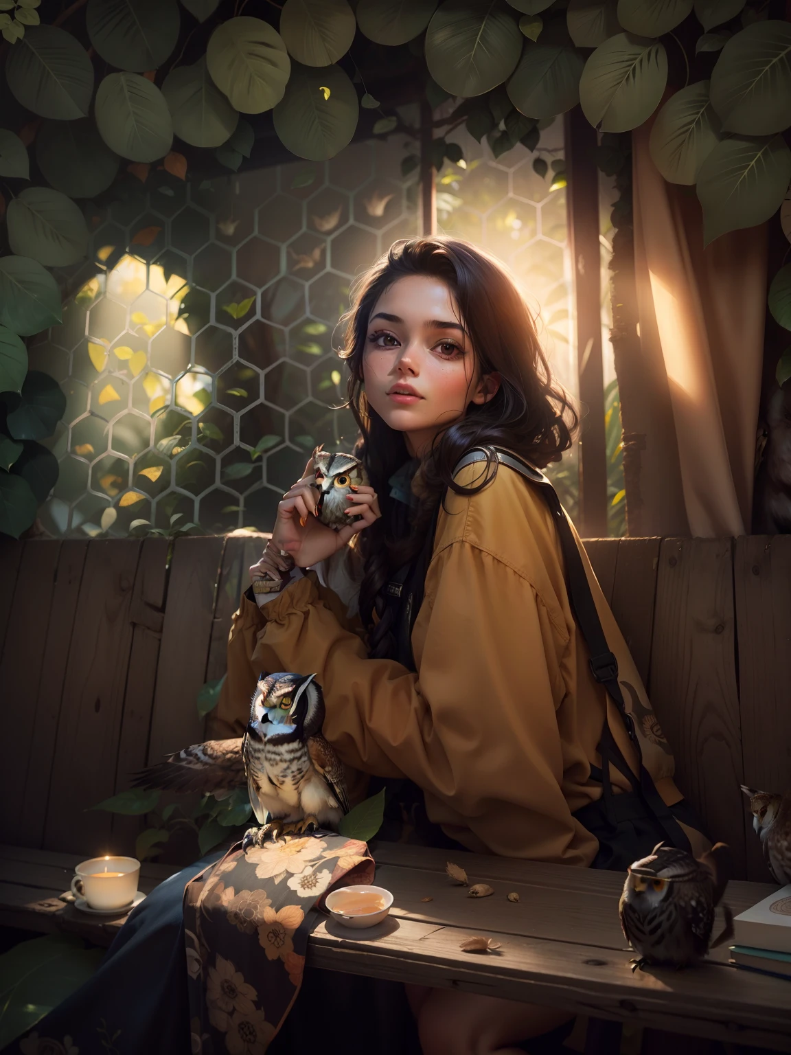 Girl with owl in jungle
