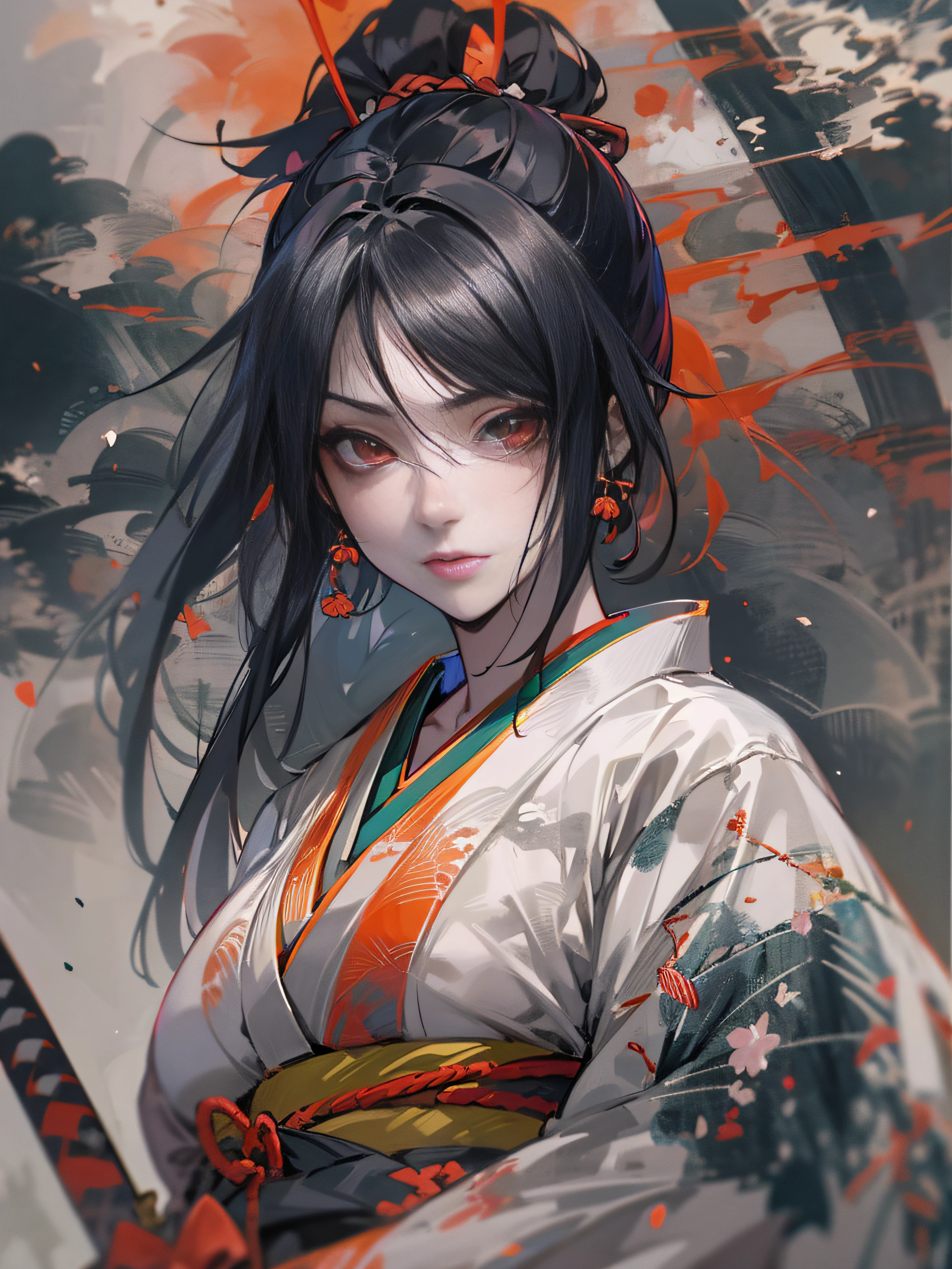 masutepiece, Best Quality, High quality, high details, Very beautiful samurai girl, Japan sword at the waist, largebreasts, full bodyesbian, very detailed face and eyes, Beautiful hair, beautiful detailed kimono, Anime, ink wash painting, conceptual art, chromatic aberration abuse, Black hair, Red Eyes