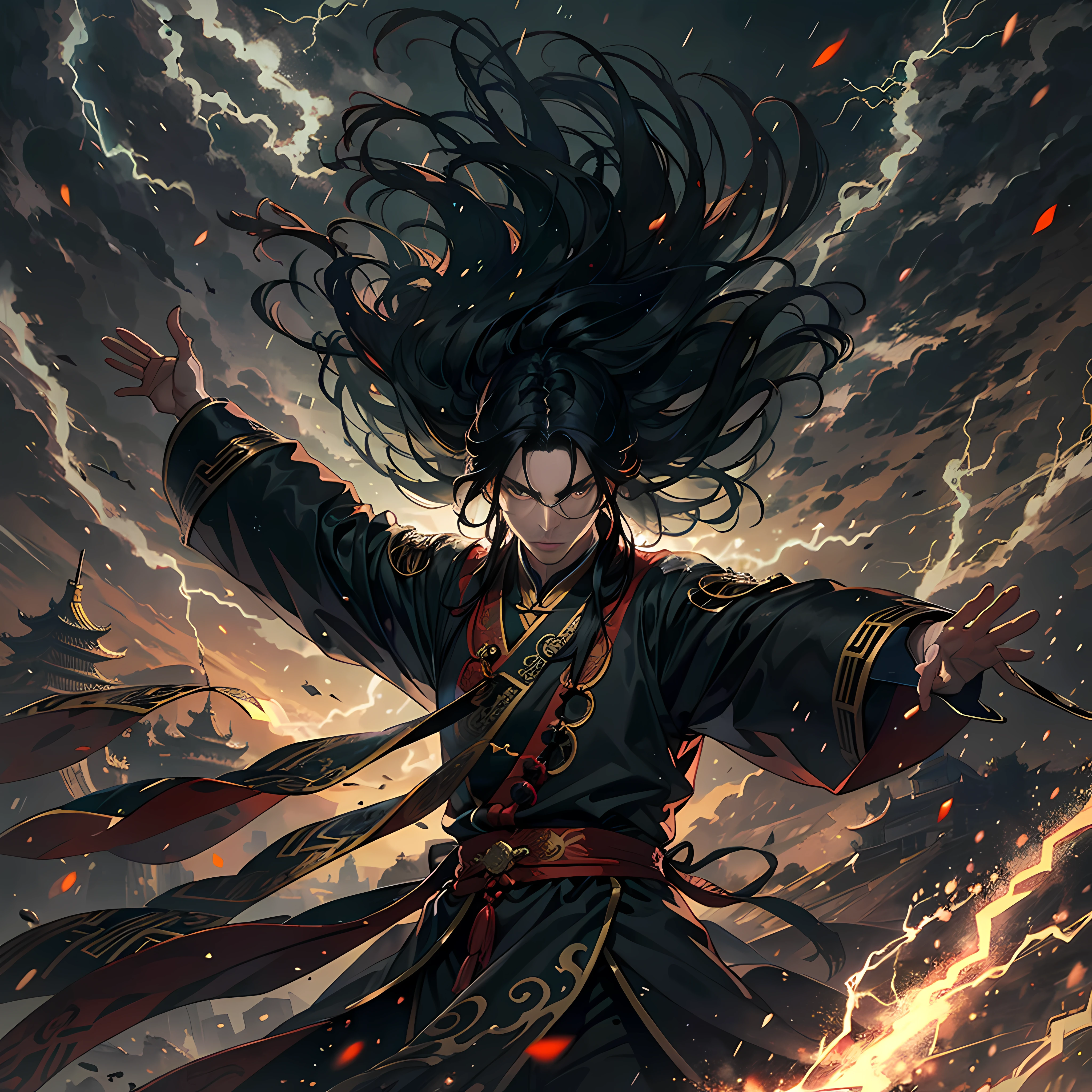 Dark theme， optic， fanciful，It was dark，storming，Lightning，Close-up，China-style，（An ancient Chinese man in a black Han costume faces the camera：1.3），Long black hair was blown by the wind，Spread your hands in the air as if holding something，（In the huge royal palace：1.3），