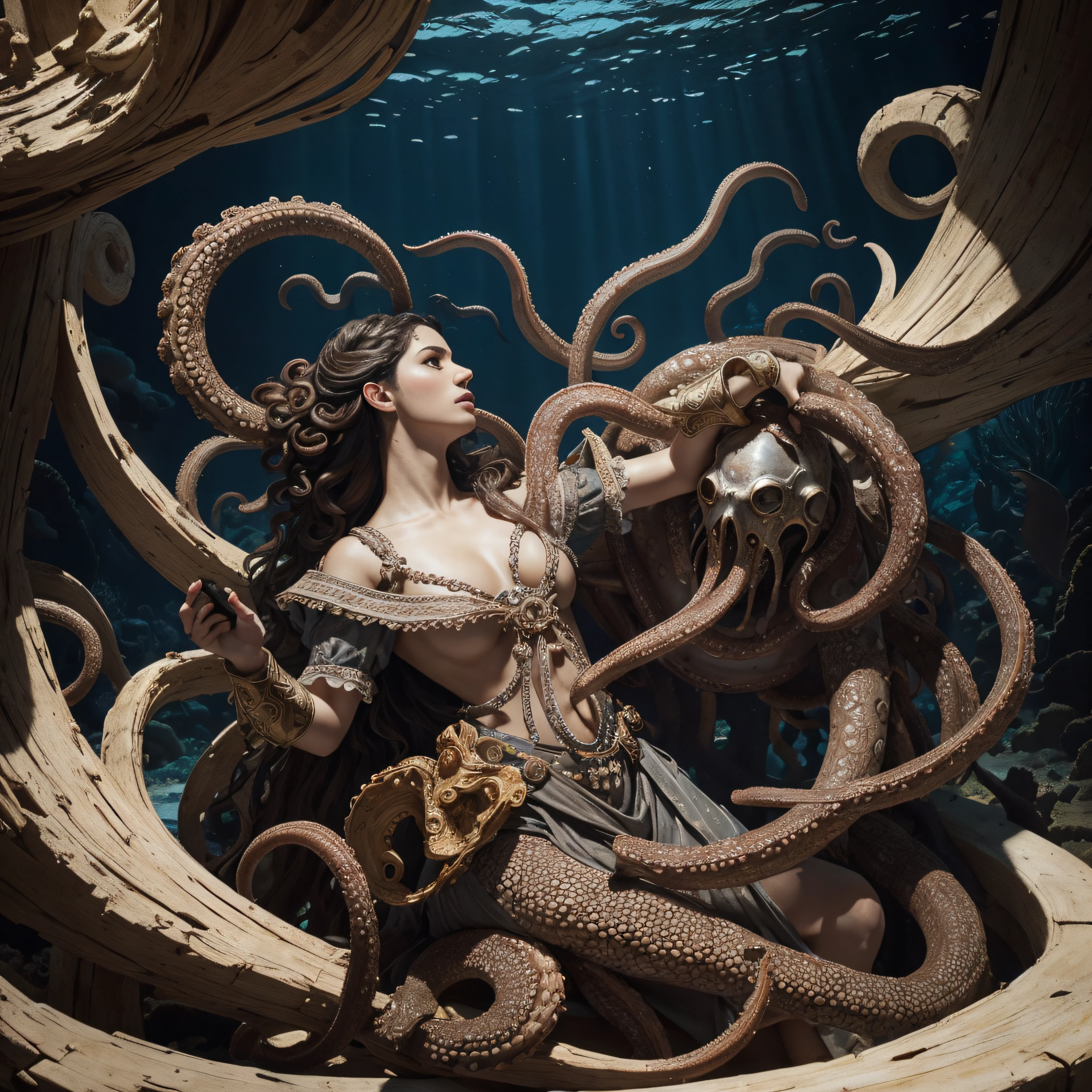 (extremadamente detallado, obra maestra, La mejor calidad, Under the Ocean), Estilo oscuro, volumetric illumination. armadura medieval, rostro con arrugas, lengua larga, tentacle, deforme, imagen submarina, pico de pulpo amenazante. manchas de tinta. Rococo composition. Luz de caravaggio