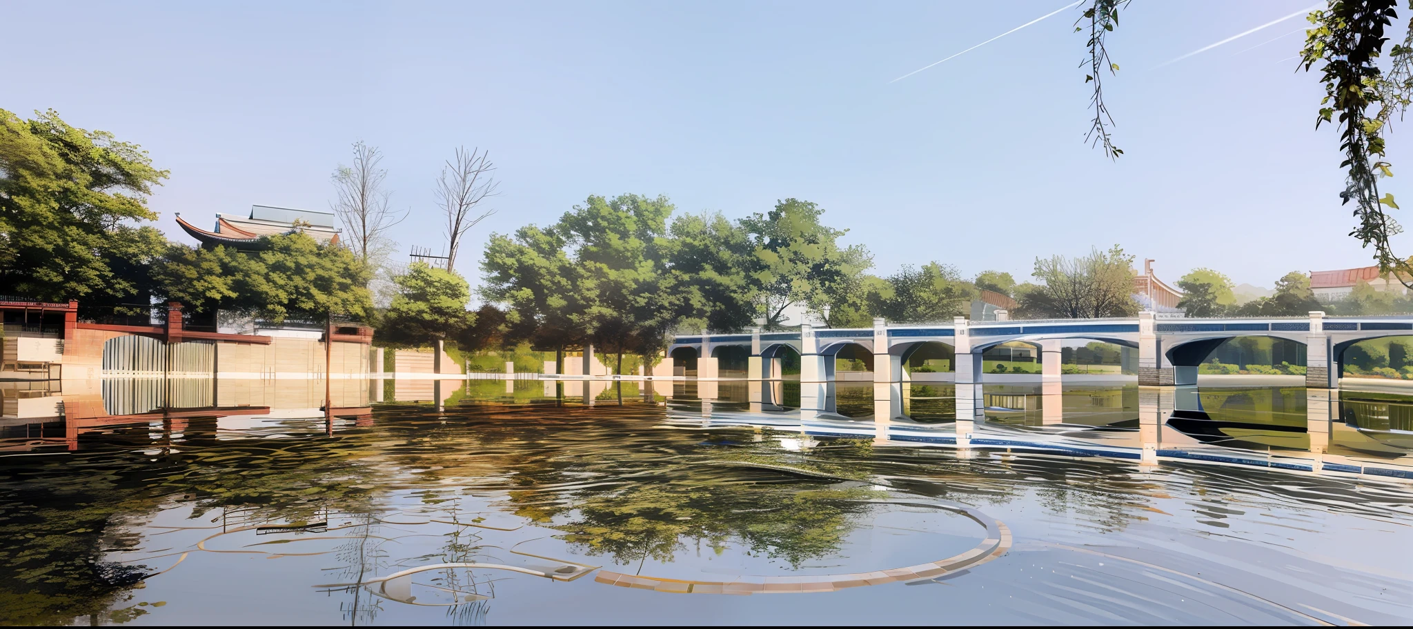 Tap the water flow，Bridges loom，The reflection on the surface of the water is like a dream。