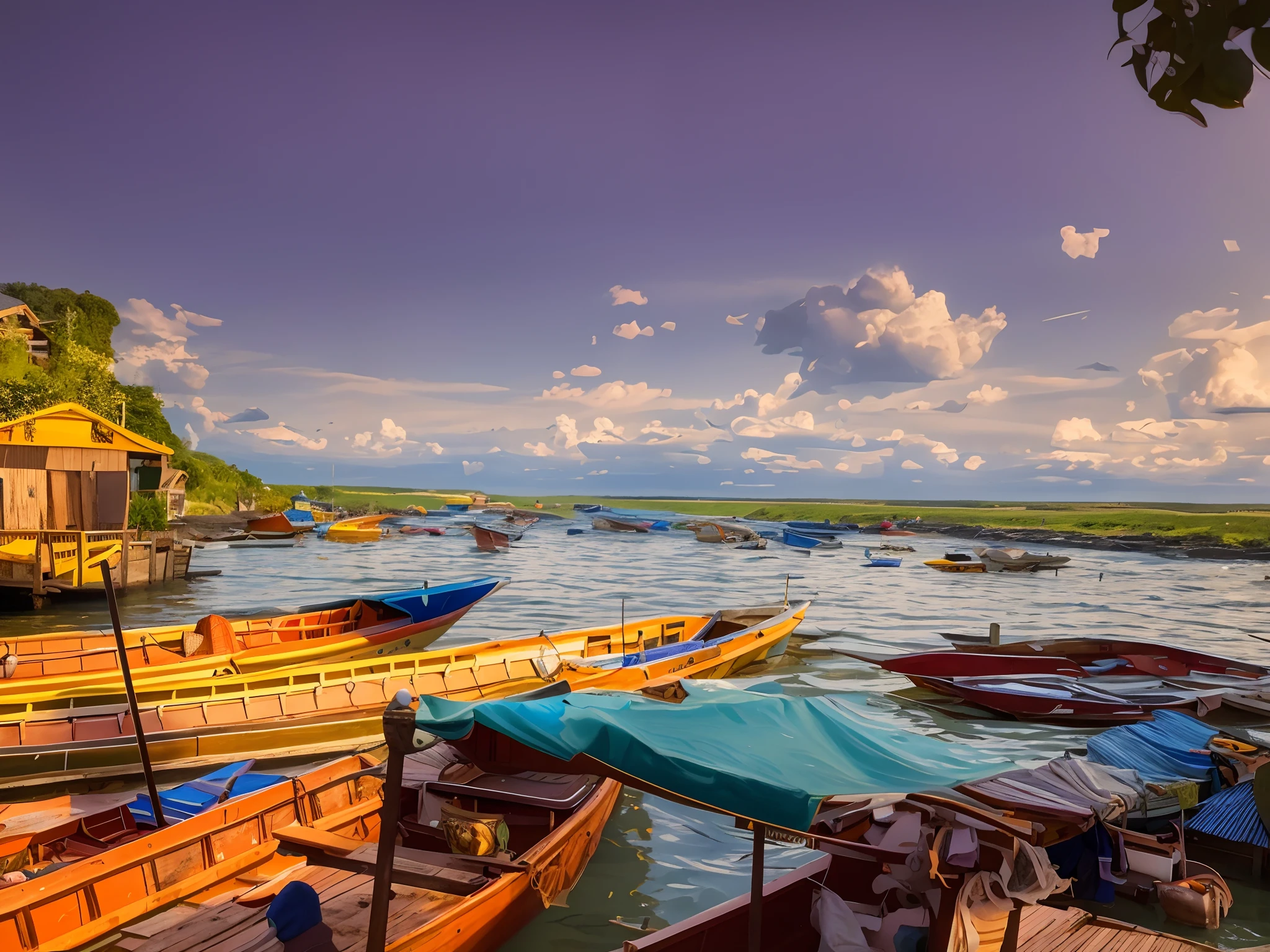 boats are docked on the shore of a lake with a house in the background, wide angle river, vibrant scene, fishing village, with water and boats, on a bright day, beautiful sunny day, vibrant vivid colors, wide long view, fishing boats, wide river and lake, version 3, beautiful day, beautiful tranquil day, panorama, 3 boat in river