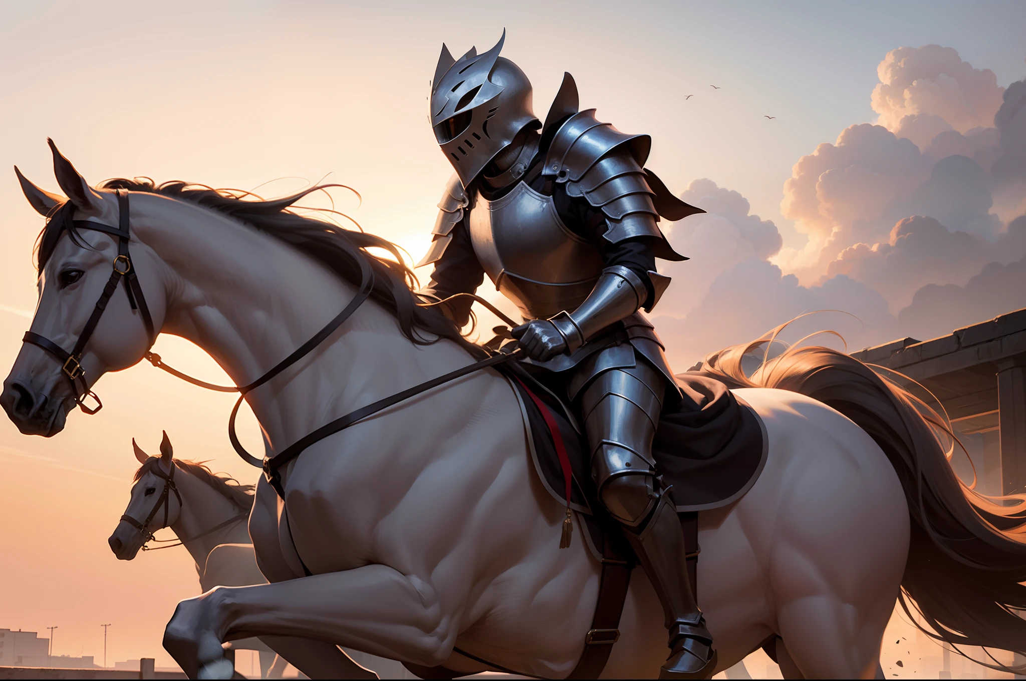 front view, full scene, full bodies, dark lighting, frontal vision, dark lighting, a knight rides a white horse that gallops, wears light armor and his helmet covers his face, having a golden crown on the top of his head, the rider wields a bow in his right hand, no background, photorealism, 4k, HDR