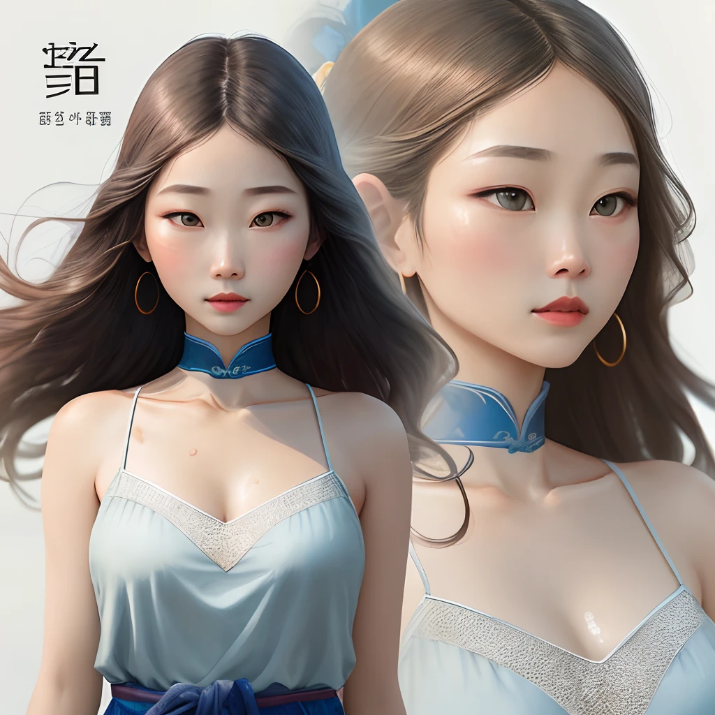 1 beautiful and cute reality girl, Gentle young girl, Waist length hair, cabelos preto e longos，Slightly blue, Light blue eyes, wearing a long, Thin, a blue dress，Hanfu style, ((a blue dress，White lace border covers the girl's:0.8)), Style Hanfu, Wearing an ancient Chinese silk shirt, Pink and smooth white skin, Dressed in a low-key antique Audai, appears shoulders and head in the photo,Cute little face, Eye bags under wet makeup, Plump red lips, Pout, ((Closed mouth:1.0)), Balance incisors, Embarrassed, Small face makeup detailed，Tremendously beautiful, Breasts are super round and firm, Breasts are plump, Blum chest, ((Cover the girl's chest with a camisole inside:1.2)), Blush, from the front side, Wear earrings, choker necklace, From above, view the viewer, Upturned eyes, Upper body, Masterpiece, Top quality, Best quality, offcial art, Unity 8k wallpaper, A high resolution, Ultra-high RES, Ultra-detailed, (Photorealistic:1.2), Alone, Solo, only 1girl, Style Hanfu Dunhuang, 10x pixel, Super realistic, Ultra high quality, Full body view of girl, Upper body,