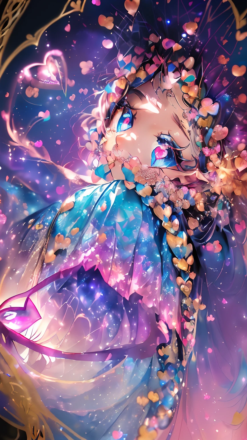((8K,masterpiece,top-quality,watercolor paiting,Official art:1.2)),((Optimal balance、accurate depiction:1.2))、
((ciinematic light, best quality backlight)),((delicate detail)), ((The best lighting, extremely delicate and beautiful)),
((glowing aura))、((Radiant hair))、((The ultra-detailliert))、((ray trace reflection、brilliance))
(ultra-detailliert:1.2)、(1girl in:1.2)、(Fractal Art:1.2)、(realisitic:0.5)、
((((Shining eyes:1.3)),(((Heart pupil:1.3))),(((big eye:1.3)))、(((Heart in the eye:1.3)))、
Detailed background、1girl in、Beautifully detailed、Moya、colourfull、marble、Particles of light、patterns、
Detailed drawing、Vibrant colors、striking contrast、intricate detailes、Delicate depiction、Luminescent、
((full body Esbian))、From the side、Beautiful facial features、Brightly colored eyes、Wearing intricate and delicate ornaments、
glowing aura、Radiant hair,Braids、Cave surrounded by crystals、trapped in crystal、
Charming smile, Anime girl with heart-shaped eyes and colorful hair,
(((Eyes made of twinkle:1.3)))、、Braiding、Sit down and look up、Wearing a yukata on the night of the fireworks display、hair adornments、nightclubs、Bustle of store openings、Blowback