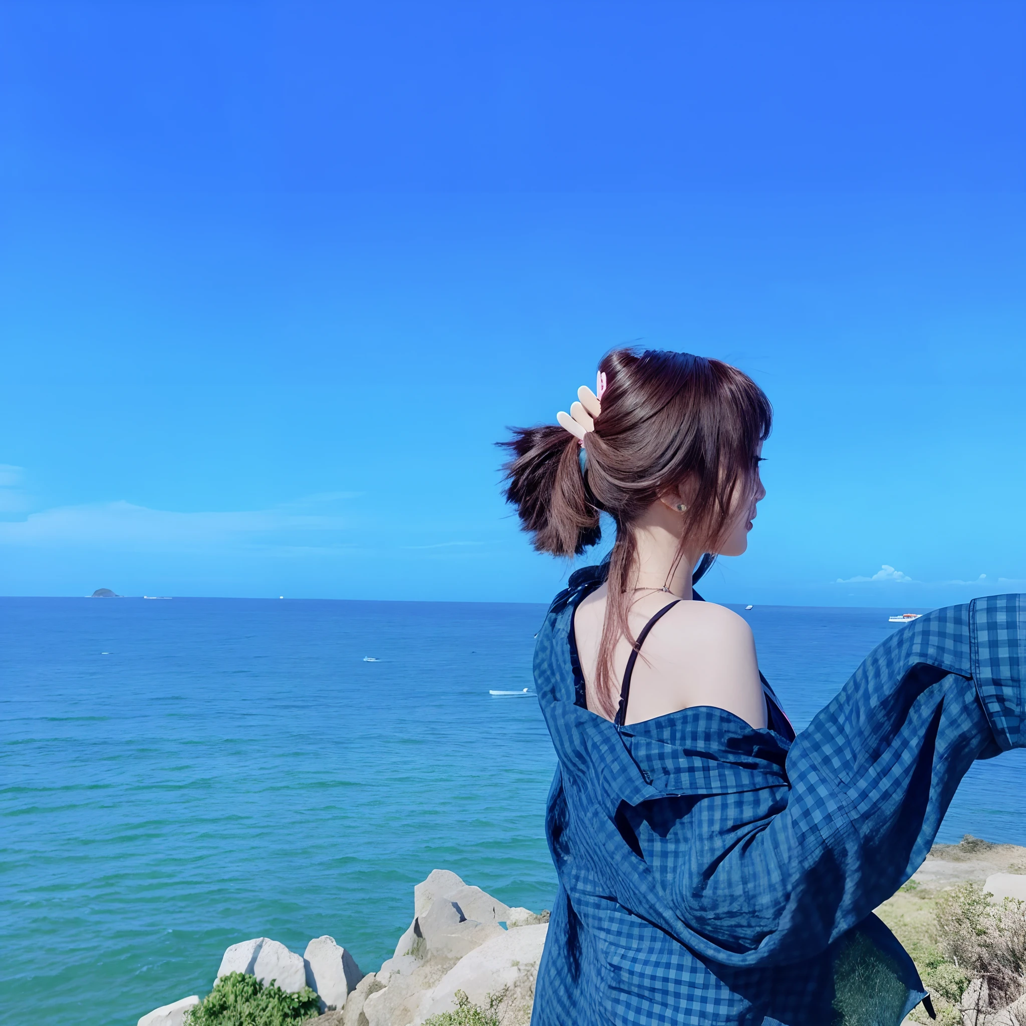 woman standing on a cliff looking out at the ocean, the ocean in the background, ocean in the background, looking out over the sea, 千 葉 雄 大, sun yunjoo, 🤬 🤮 💕 🎀, dilraba dilmurat, looking at the ocean, cai xukun, ulzzang, on a sunny day