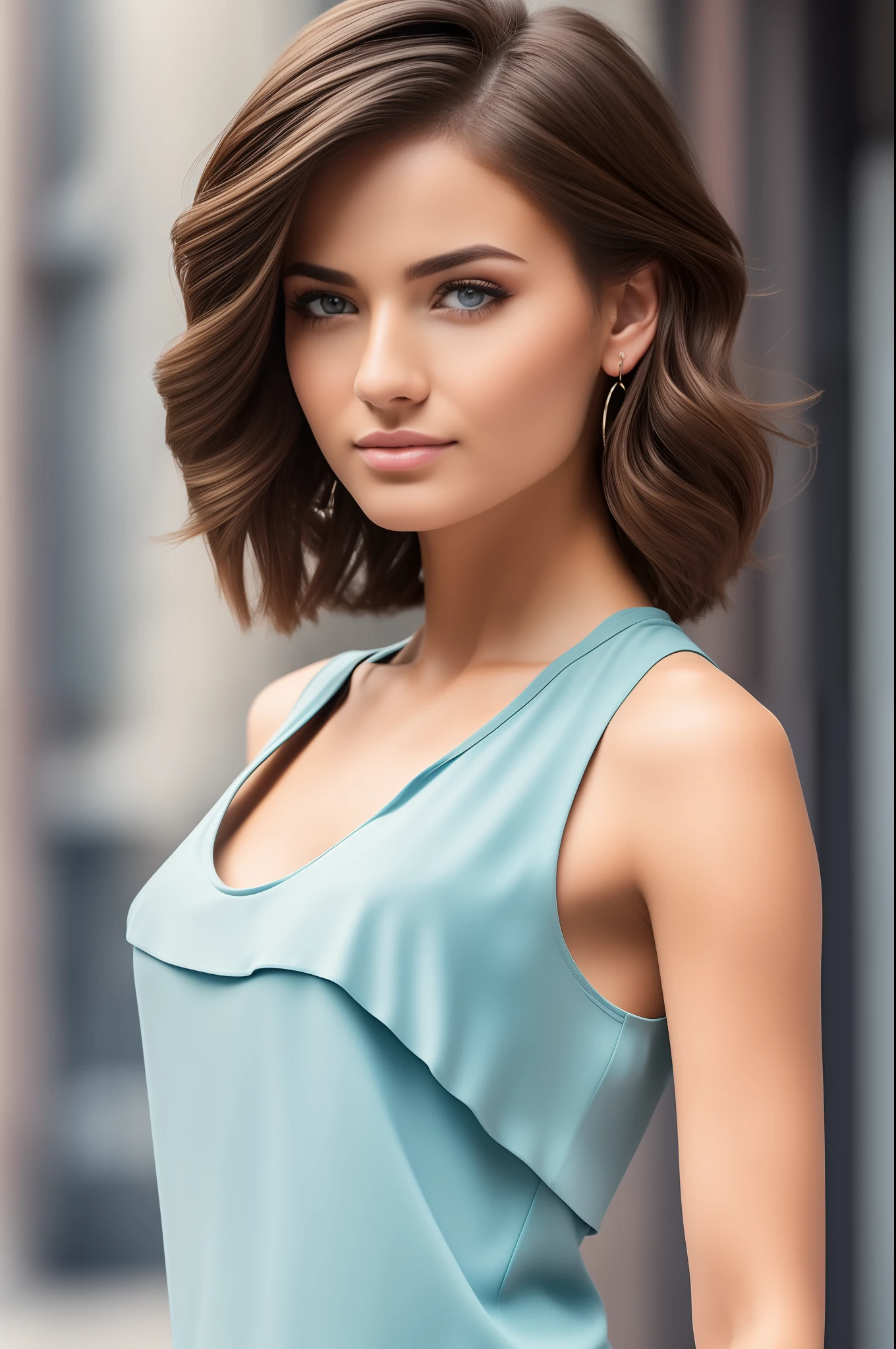 ((Best quality, 8k, Masterpiece :1.3)), Sharp focus: 1.2, Perfect Body Beauty: 1.4, Slim Abs: 1.2, ((Layered hairstyle: 1.2)), (Tank top shirt:1.1), (Street: 1.2), Highly detailed face and skin texture, Fine eyes, Double eyelids