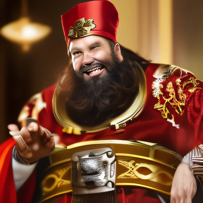 Long bearded man laughing loudly in crown and red robe