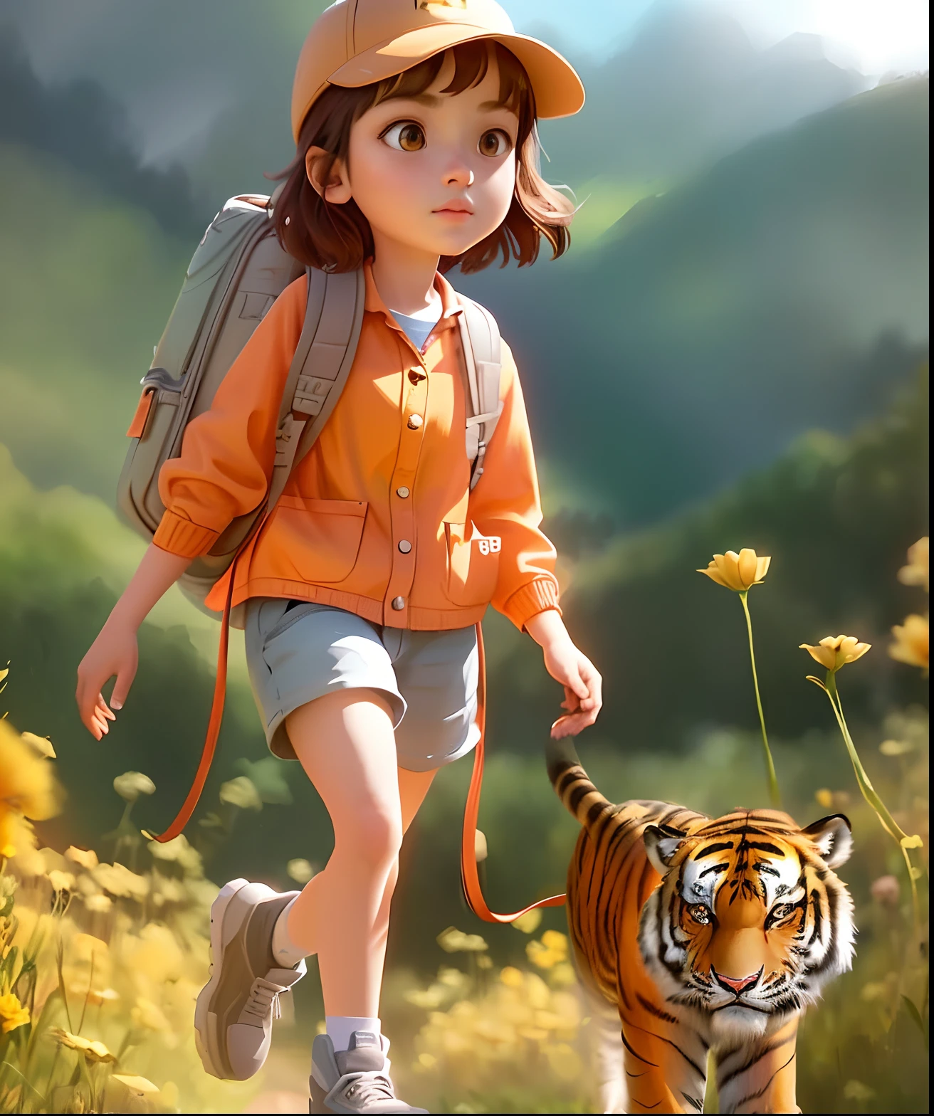 Arafad image girl walking tiger in field, cute digital painting, female explorer mini cute girl, realistic anime 3 D style, kids art in ArtStation, adventure surreal rendering, digital cartoon drawing art, cute detailed digital art, fantasy matte painting, cute, cartoon digital painting, Artgerm and Atey Ghailan, animated style rendering, tiger turns into a puppy