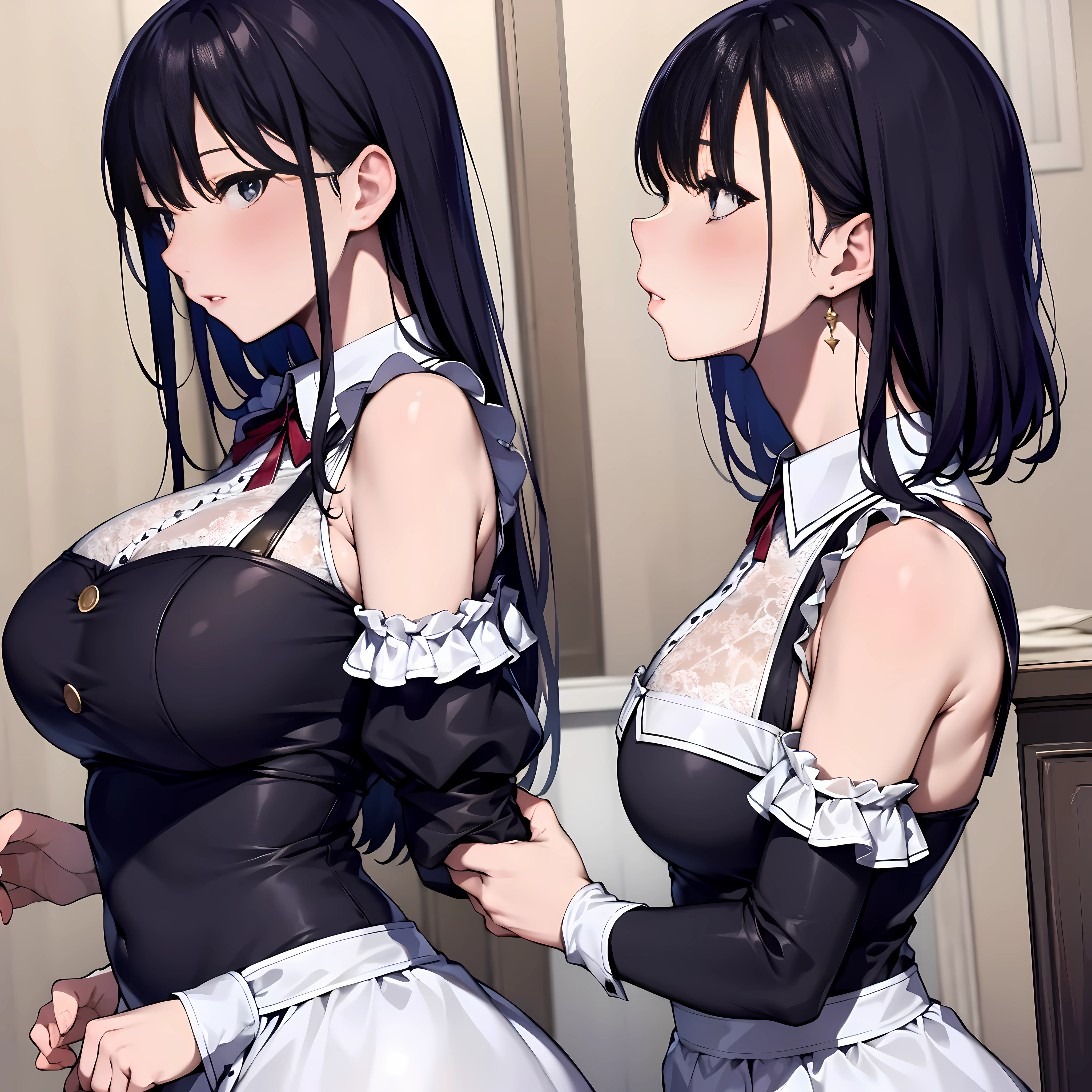 Rivertsukatsuki, River, black hair, (red eyes:1.5), hair ornament, hairclip, Halation, long hair,
、Extremely large breasts(7200)、、I can see your chest、Nipples are visible、Off-the-shoulder maid uniform、Black frill mini dress、Front facing、