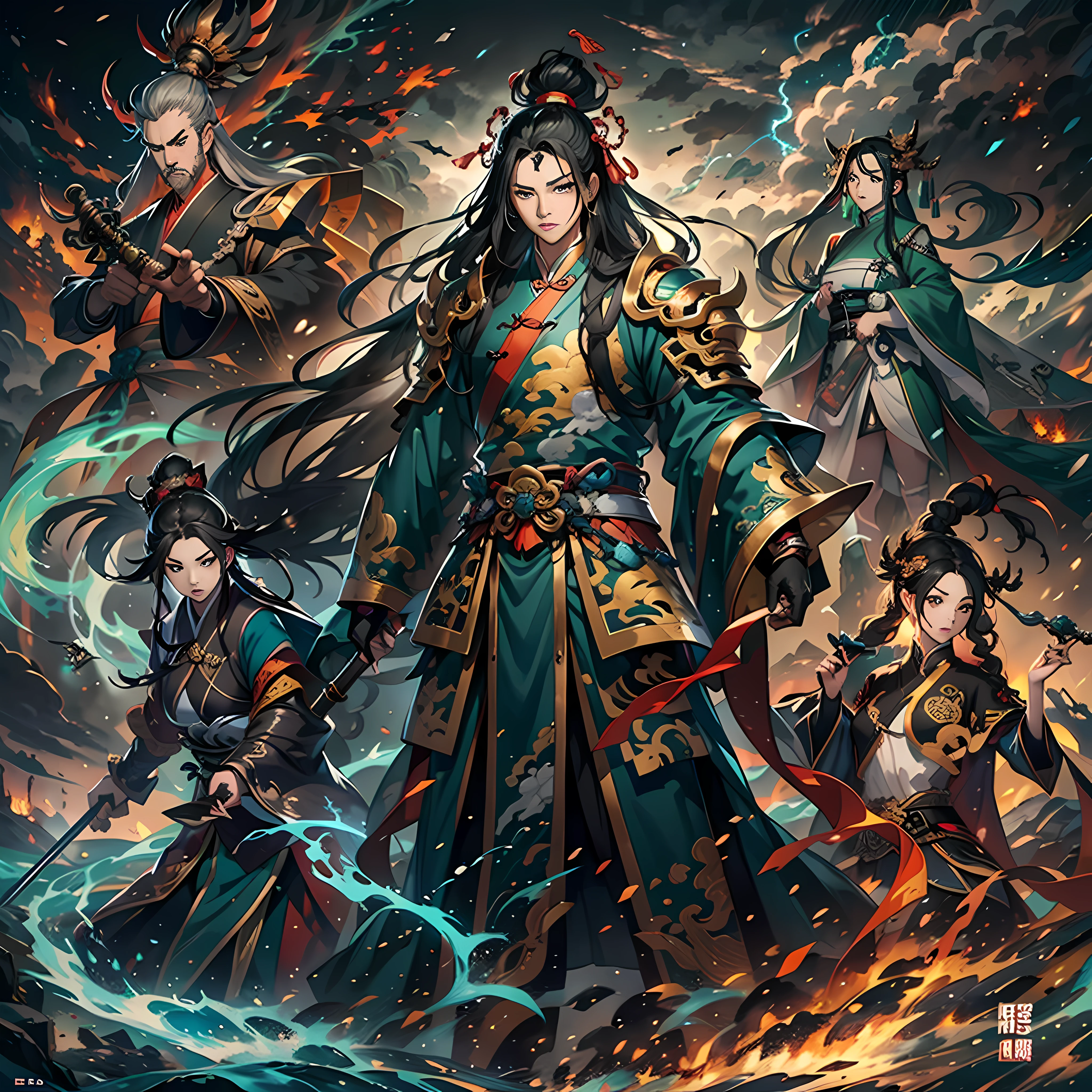 Dark theme, optic, fanciful,It was dark,storming,Lightning,Close-up,China-style,Figures from the Three Kingdoms period,Many people,Xu Chu,Dianwei,Sable cicada,Big Joe,xiaocj,Lü Bu,Zhao Zilong,Zhuge Liang,These characters are all in the picture