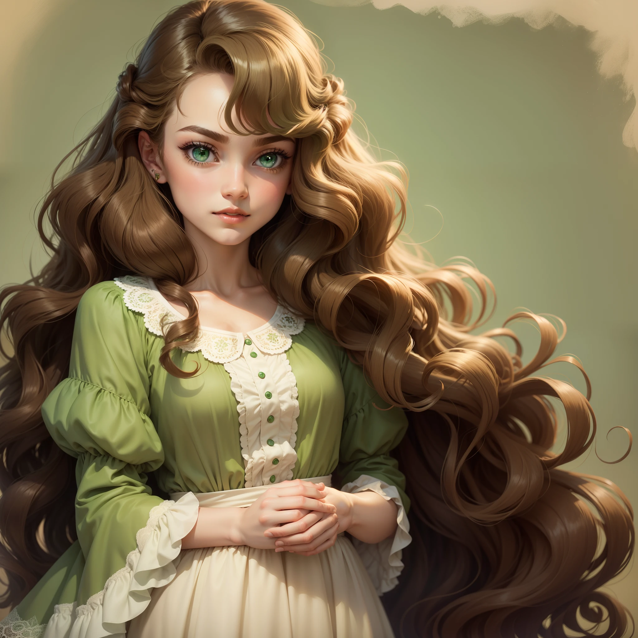 Light brown long curly hair，Light green eyes，Vintage style，Disney style，whiteskin