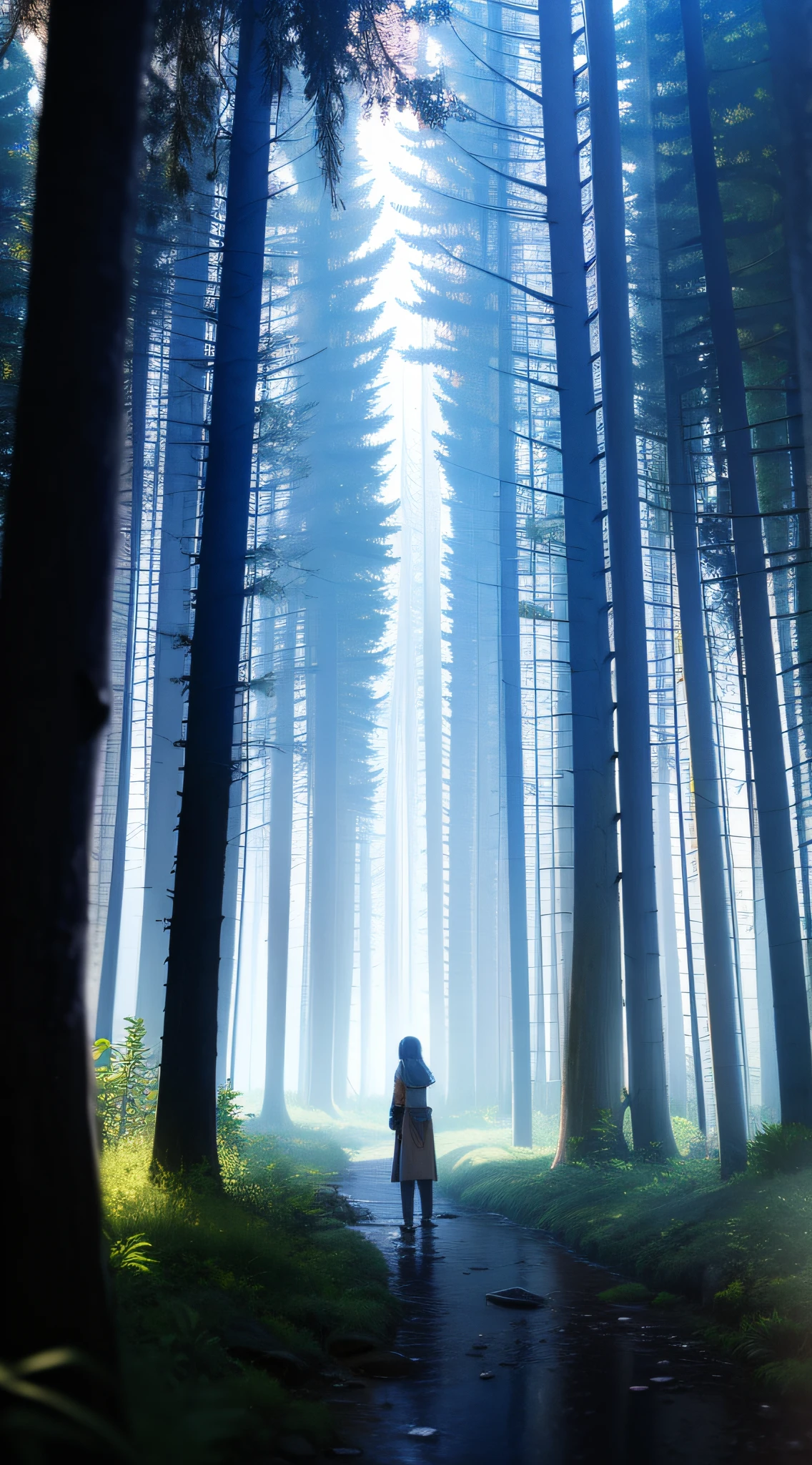 "Shining eyes, anime-inspired fantasy in a majestic forest bathed in light from behind, rendered in breathtaking 8k resolution."