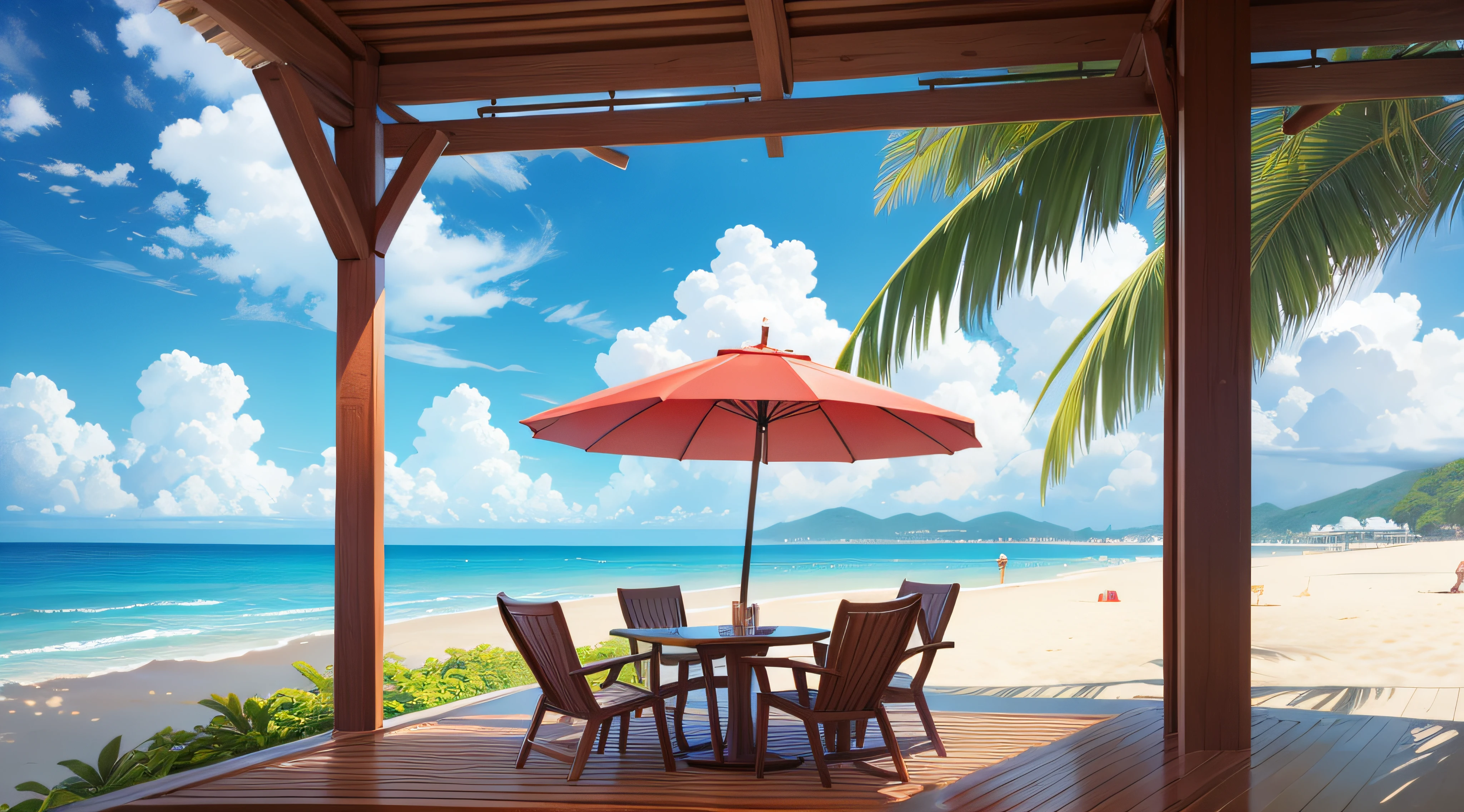 Beach、Iced coffee and chilled tropical juice on the table with an umbrella。Sea view。