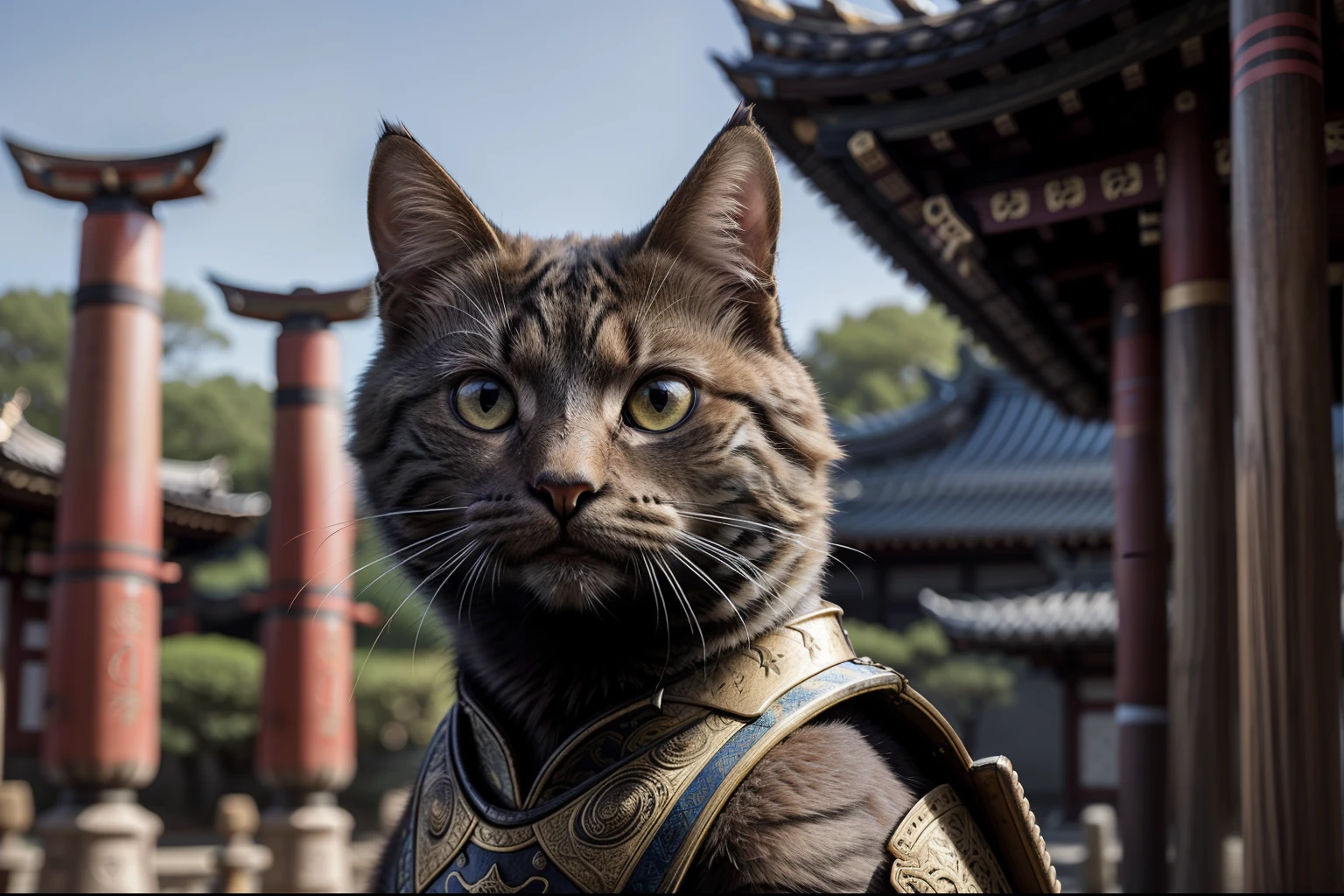 An ancient anthropomorphic cat samurai using an ancient samurai armor, photography, beautiful, bokeh temple background, colorful, masterpieces, top quality, best quality, official art, beautiful and aesthetic, realistic