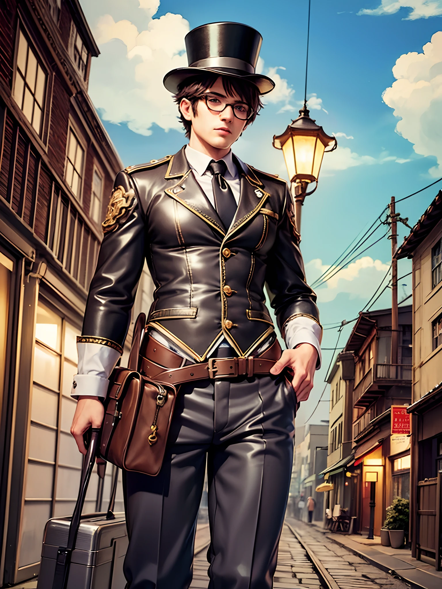 A masterpiece of digital art on ArtStation with the best quality and ultra-detailed details. An extremely delicate and beautiful illustration with a unique and vibrant style. The protagonist in a steampunk style: high quality, extremely detailed, industrial atmosphere, gears, copper pipes, tinted windows, warm lights, cloudy sky, , steam engine, main character dressed in period costume, aviator glasses, lightning top hat, cobbled street, vintage air, clouds and a twilight atmosphere. All of this captured in a wide composition that blends the look of a watercolor painting --auto --s2