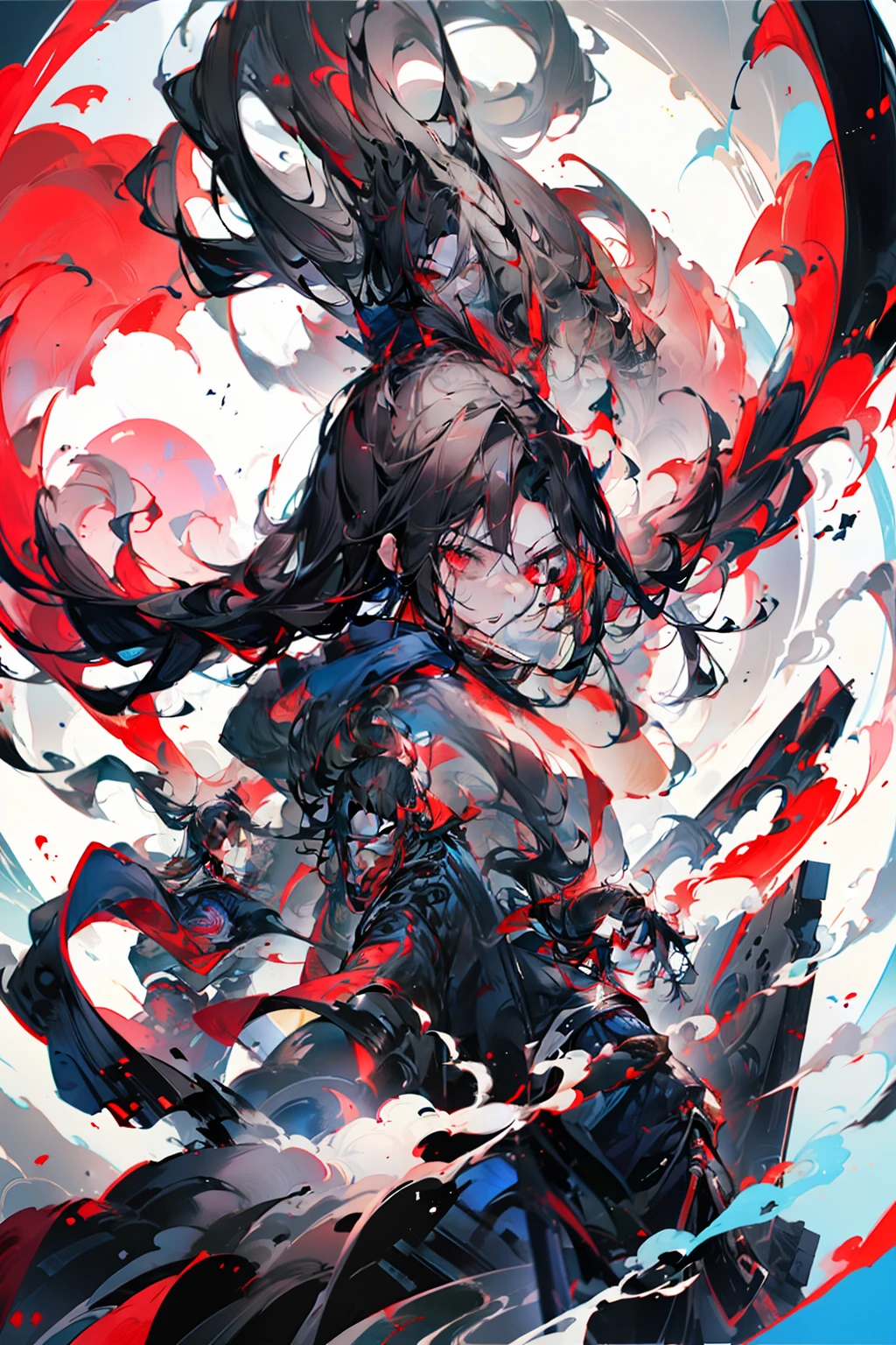 A demon girl with red horns on her head，Beauty，Black hair，Red eyes，Evil，Sexy，Beautiful figure，exposed，((Pure red background))