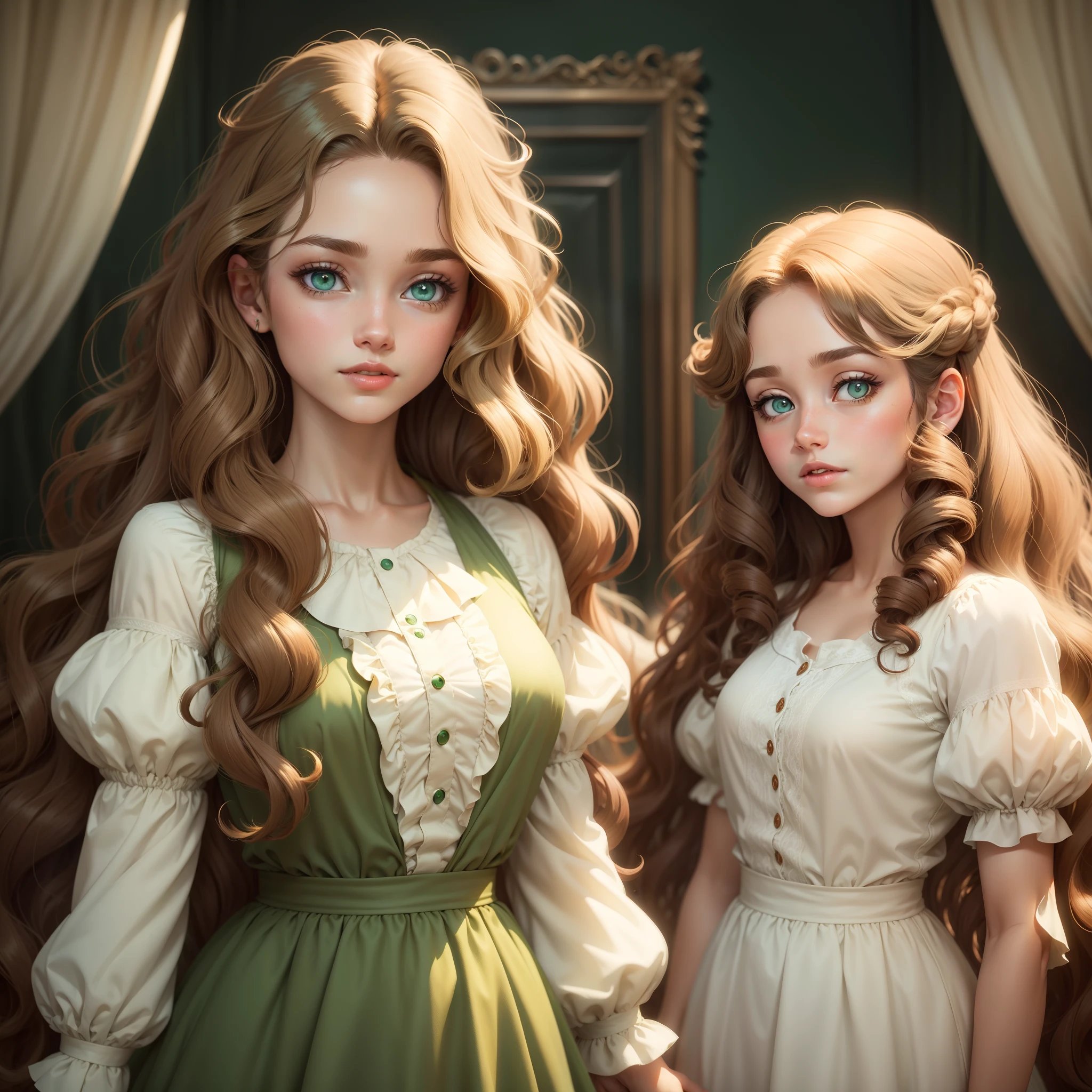 Light brown long curly hair,Light green eyes,Vintage style,Disney style,whiteskin