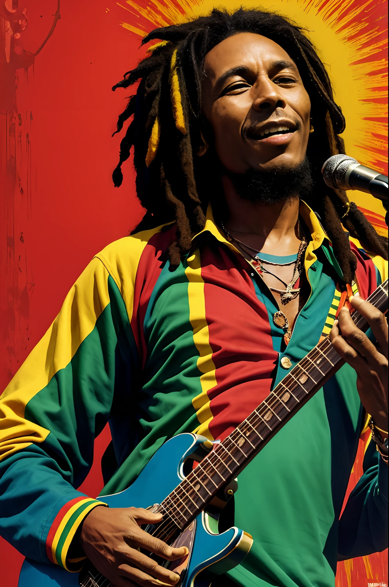 "Reggae legend Bob Marley in a vibrant and captivating artwork."