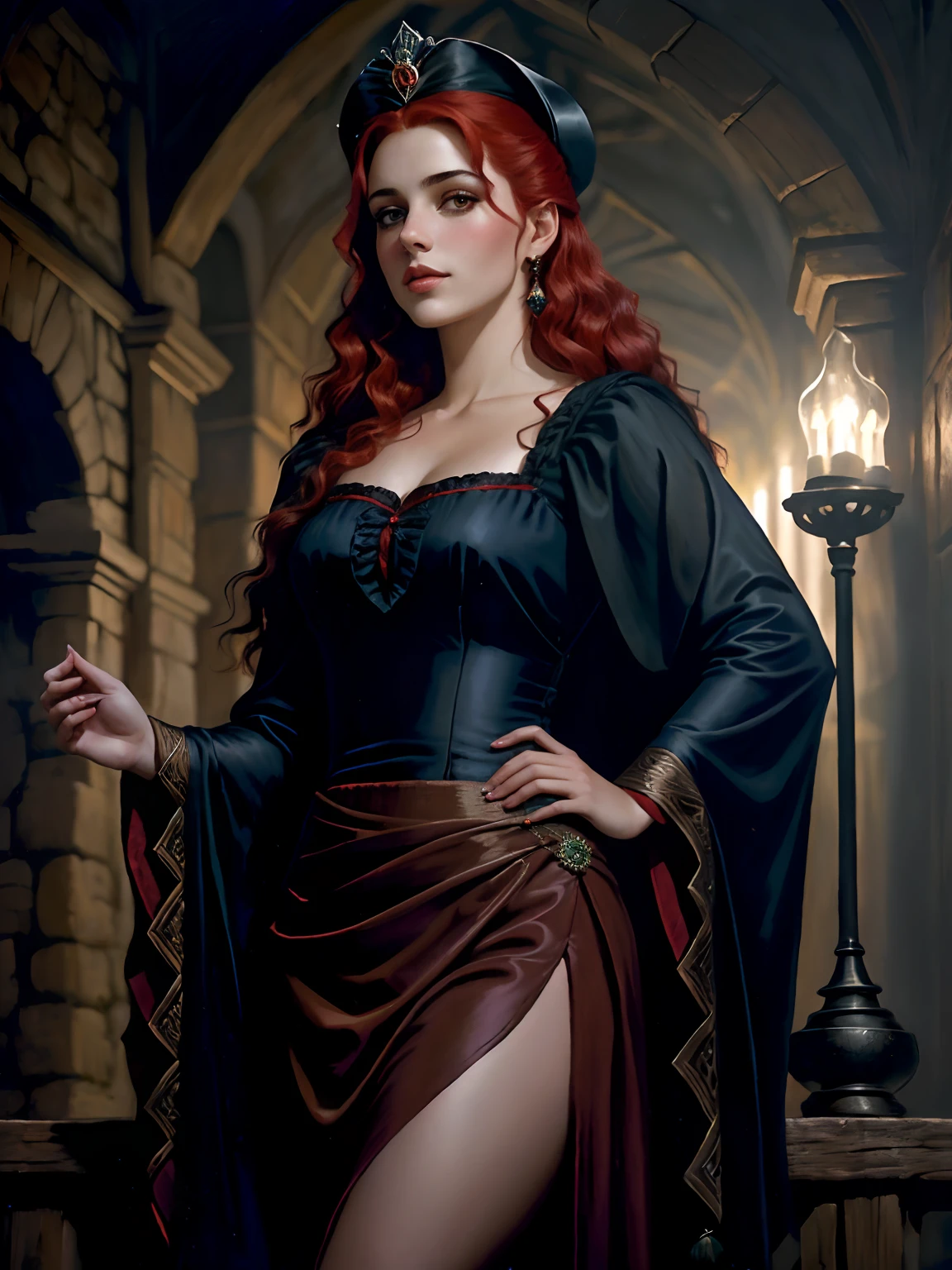 pintura de uma mulher com cabelo vermelho e um estrangulamento em um vestido preto, Estilo de arte de John Collier, Donzela com cabelo de cobre, estilo de Karol Bak, uma jovem ruiva, Retrato de uma jovem bruxa, No estilo de arte Bowater, Directed by: Roberto Lenkiewicz, Geraldo Brom, Alberto Lynch, portrait of princess merida, Dave Sim, Red-haired girl in a shadowy palace, vestido preto e purpura de veludo usando um kokoshnic, vestido luxuoso preto, head adornment, Gargantilha de renda, vestido elegante e nobre, sexy wearing a Russian kokoshnik on her head, Rosto redondo, majo, olhar malicioso, princesa maldosa, jovem adulta sexy, corpo voluptuoso, sexy, corpo sensual, mulher com seios bonitos, e corpo torneado tocando uma balalaika russa, tocando um banjo, um alaude