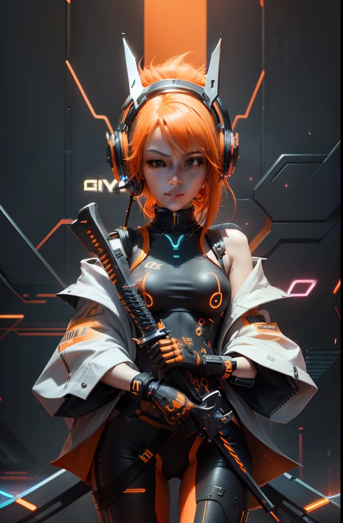 3d, background detail, body neon detail, headphones, female, slim body, cute face, beautiful face, crown, orange hair, orange neon body, cyberpunk, sword,