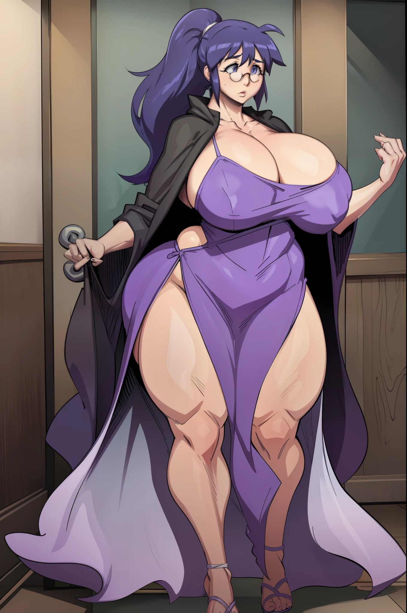 hinata aki,ponytail,glasses, full body, long dress, long skir,*, fantasy, wizargirl,spellcasthing, stylised robe, huge breast, curvy, mature