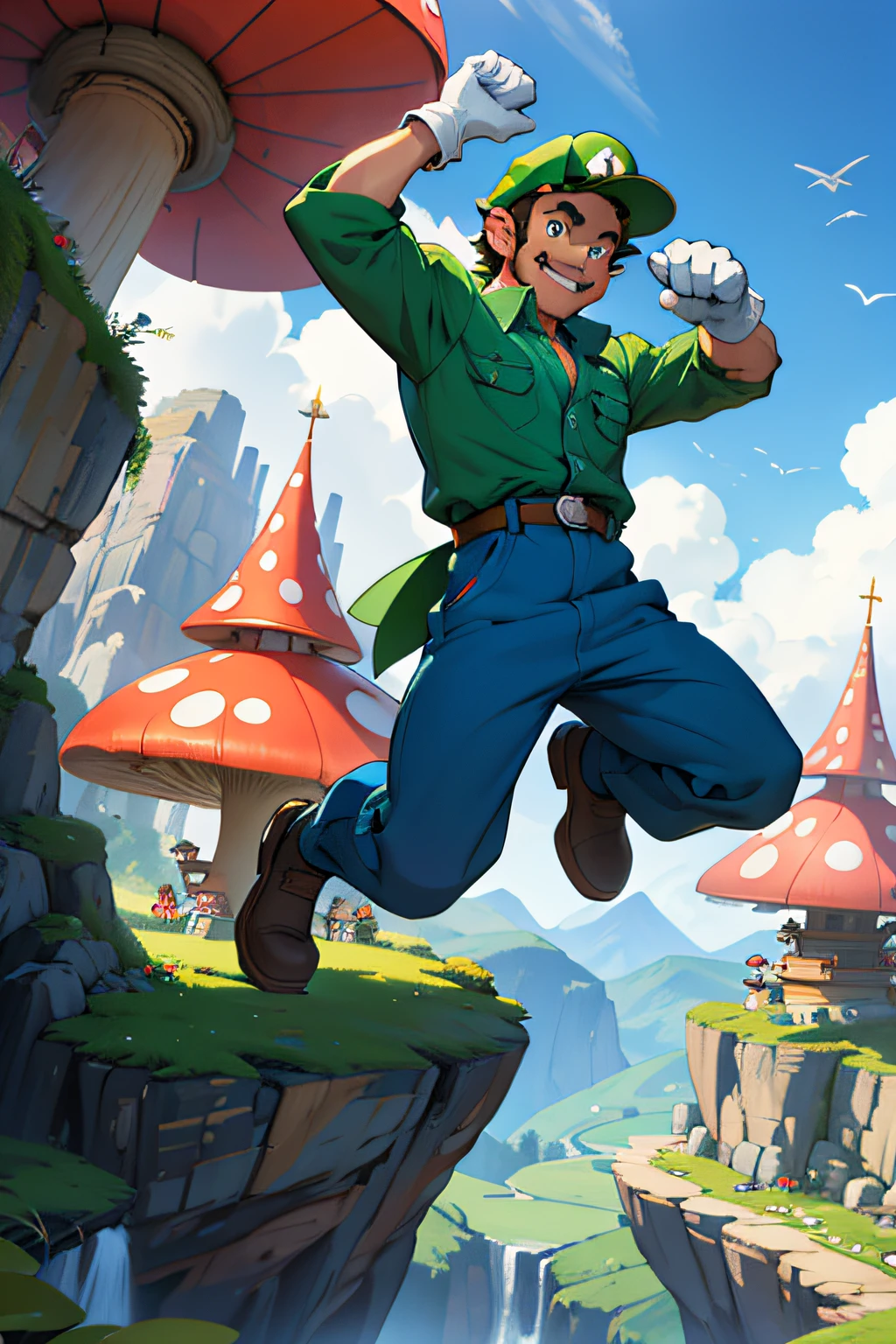 (masterpiece), (bestquality) Luigi, blue jumpsuit, green shirt, green cap with letter L, smiling, 1boy, short man, little man, short legs, short arms, cartoon looking, jumping, dynamic pose, dynamic expression, smile, (fist up: 1.1), big hands, big foot, (white gloves: 1.1), mushroom kingdom in the background, giant mushrooms in the background, detailed background, castle with pink roofs on a mountain in the background,   cartoon style, defined eyes, blue eyes, white teeth