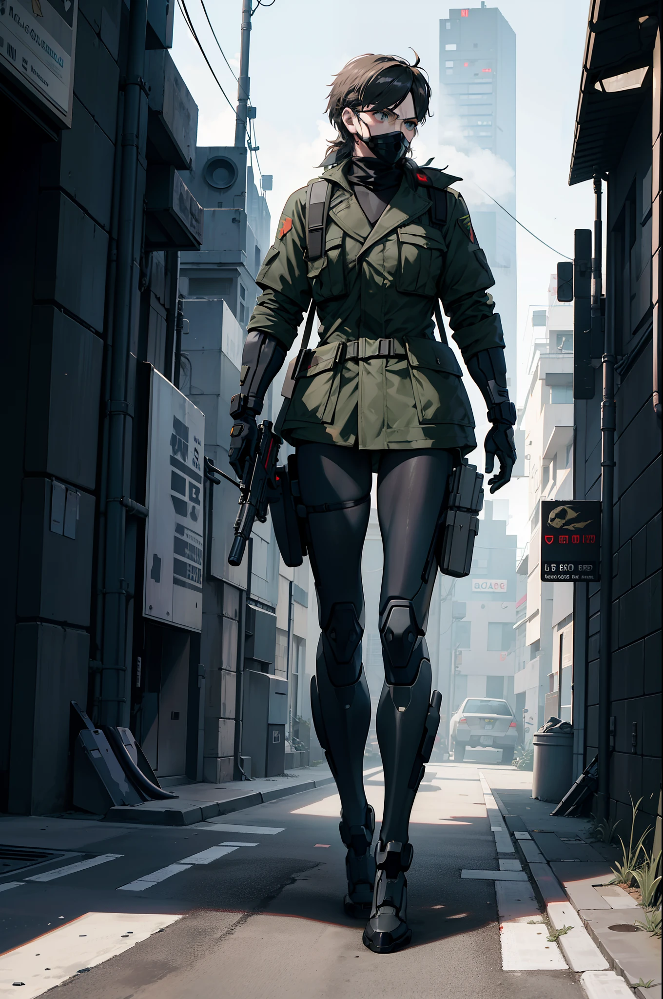 chinese stealth suit, 1girl, solo, armor, faceless, helmet, bodysuit, science fiction, skin tight, standing, large breasts, pose, night, moonlight, walking, squatting, looking at viewer, facing viewer, AK-47, AKM, kalashnikov_rifle, assault_rifle, holding_gun
