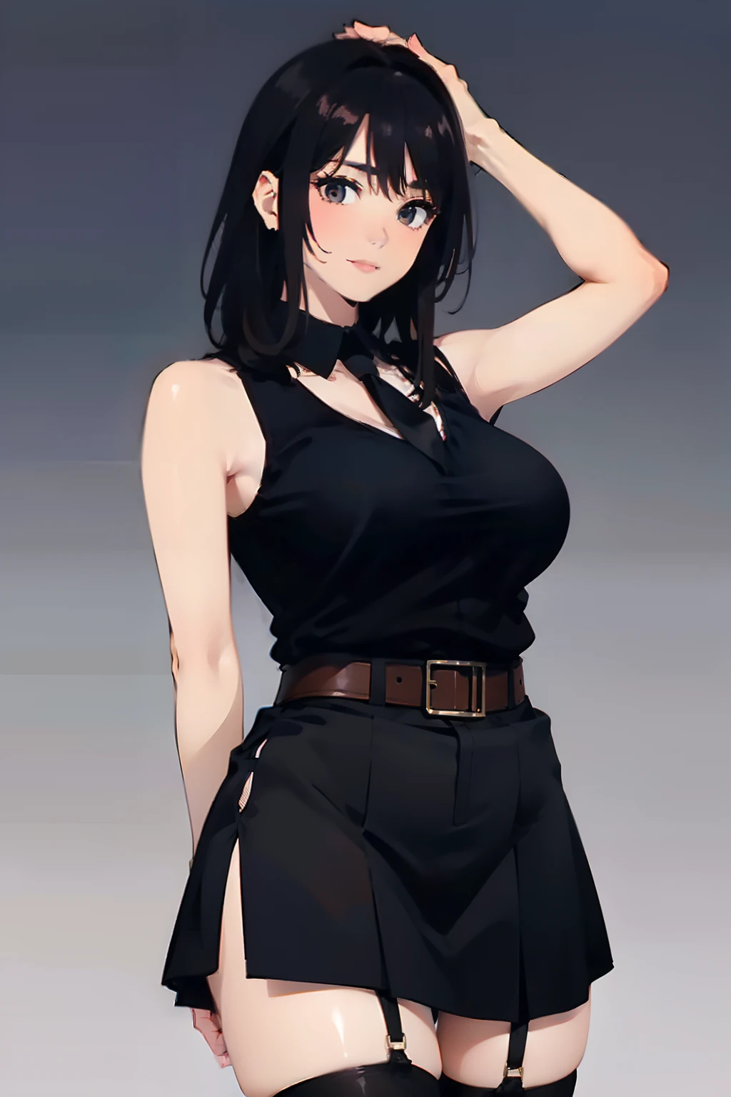 a black skirt neck tie Black tank top Brown hair long Gray eyes holster Garter belt on the legs large full breasts hands above your head Colossal tits Pichi Pichi clothes both sides