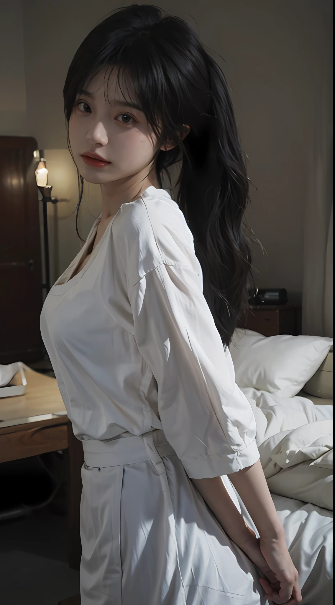 beautiful girl,sexy,black hair,Wear a white long-sleeved shirt with an open chest.,Wear white shorts,sitting on the bed,In a Japanese style bedroom